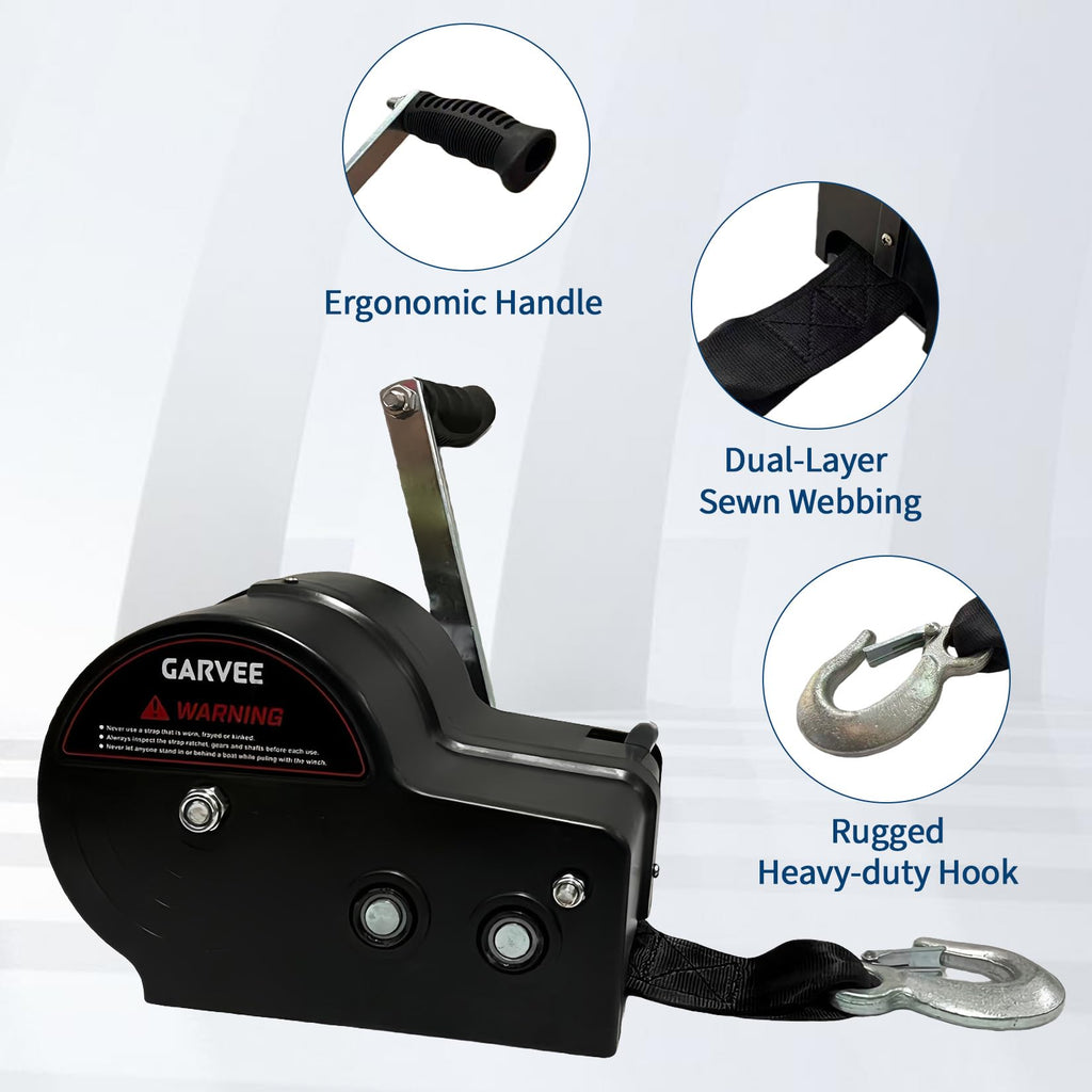 Garvee 3500lbs Heavy Duty Boat Trailer Winch with 33ft Strap, 4:1/8:1 Gear Ratio Hand Winch, Portable Hand Crank Winch for Towing Pulling Boat Trailer Truck RV ATV Jet Ski & Off-Road Recovery, Black