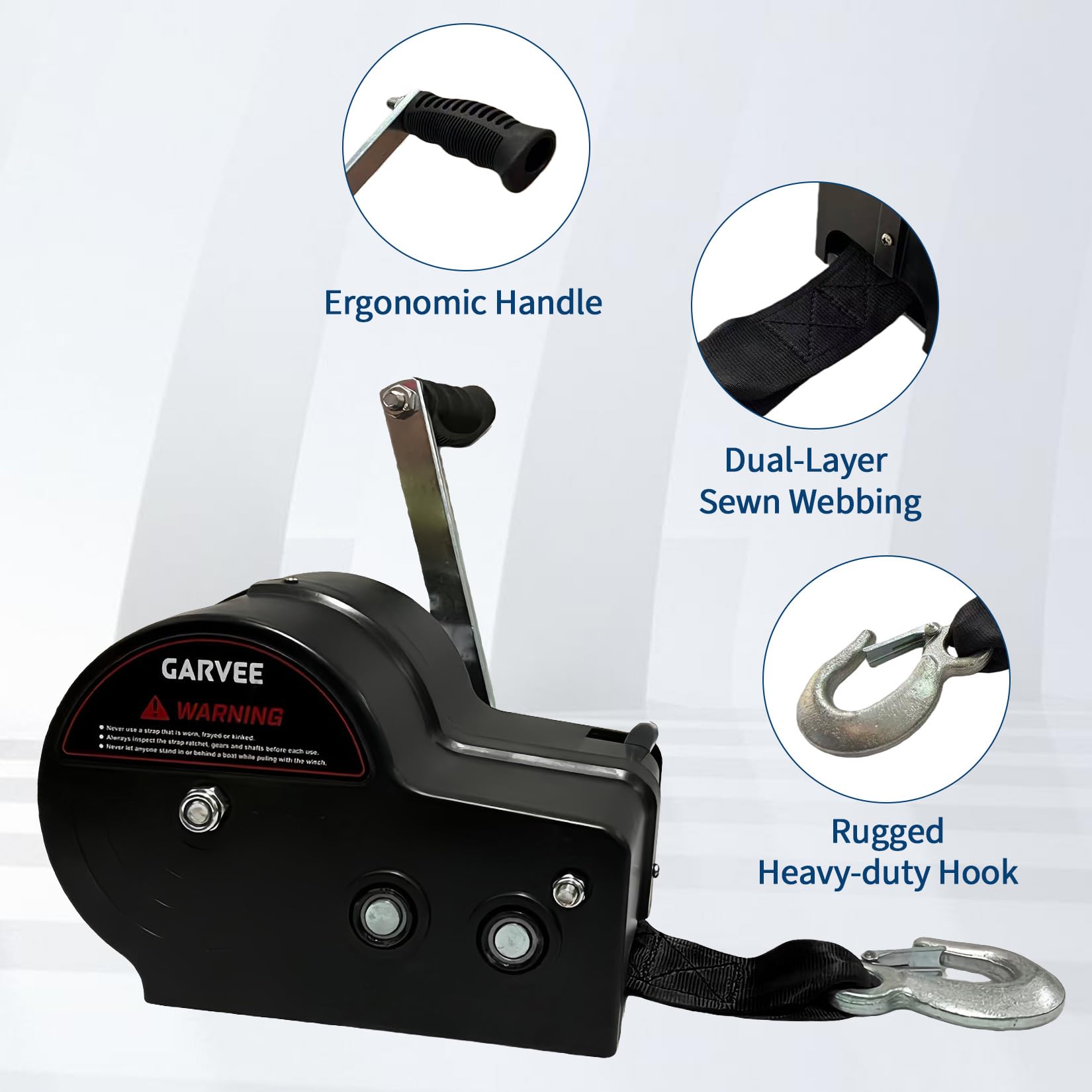 Garvee 3500lbs Heavy Duty Boat Trailer Winch with 33ft Strap, 4:1/8:1 Gear Ratio Hand Winch, Portable Hand Crank Winch for Towing Pulling Boat Trailer Truck RV ATV Jet Ski & Off-Road Recovery, Black