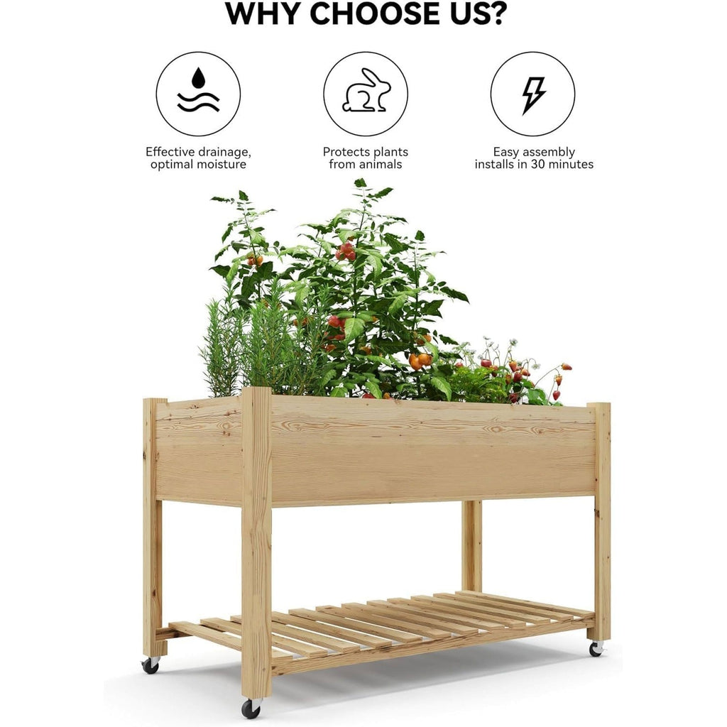 Garvee Mobile Raised Garden Bed, 48 x 24 x 32 in Cedar Elevated Planter Box with 220 lbs Capacity, Lockable Wheels, Storage Shelf & Protective Liner for Patio, Balcony & Herbs