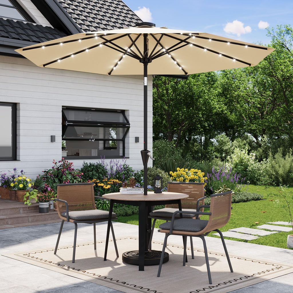 Garvee 10 ft Solar Patio Umbrella with 32 LED Lights, Outdoor Market Umbrella with Crank Lift & Tilt, UV-Resistant Canopy for Pool, Garden & Backyard, Beige