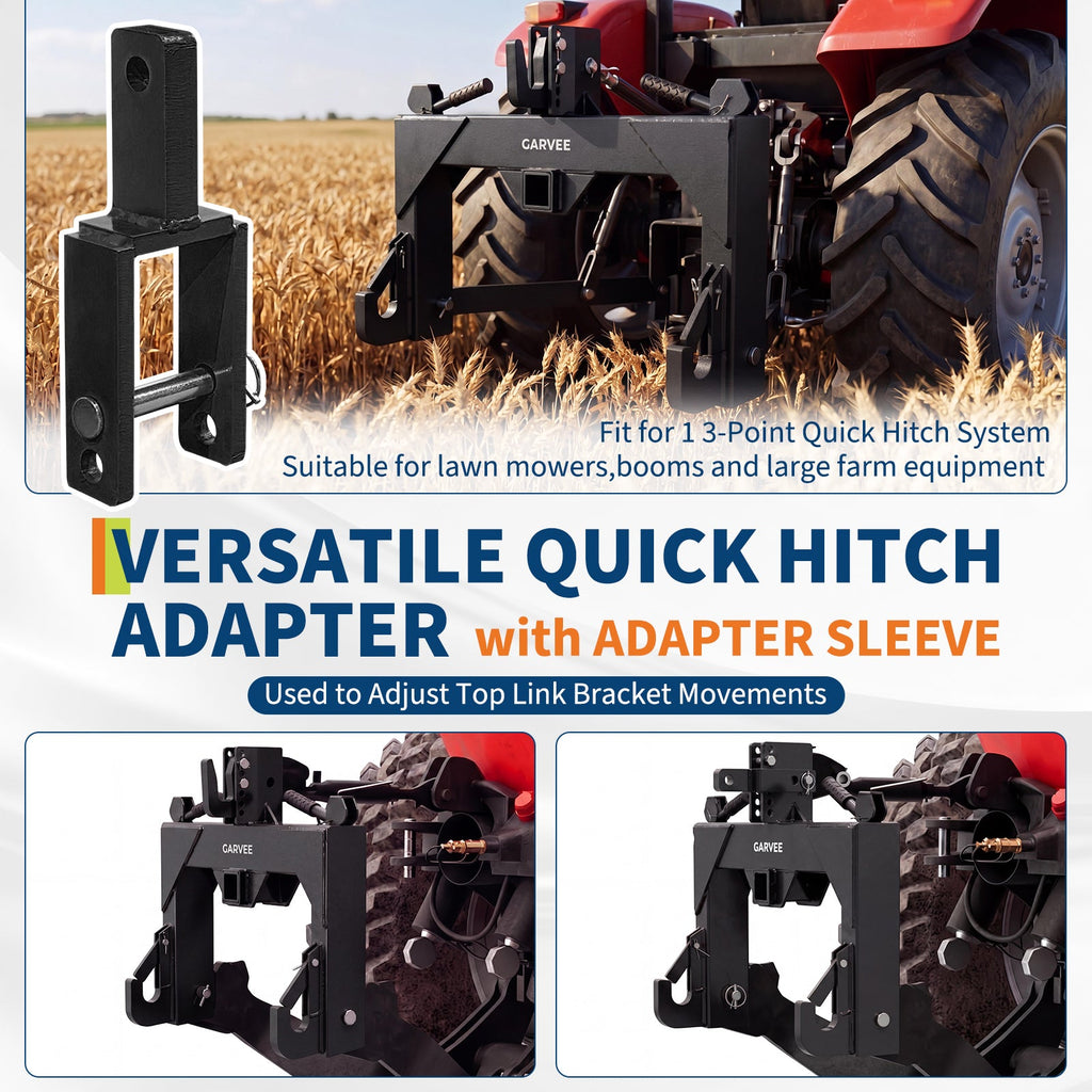 Garvee Heavy Duty 3-Point Quick Hitch Tool Set for Category 1 Tractors - Upgraded Versatile Adapter, 2" Receiver, 5-Level Adjustable Bolt, 3000 lbs Lift Capacity, Trailer Hitch Attachment - Black