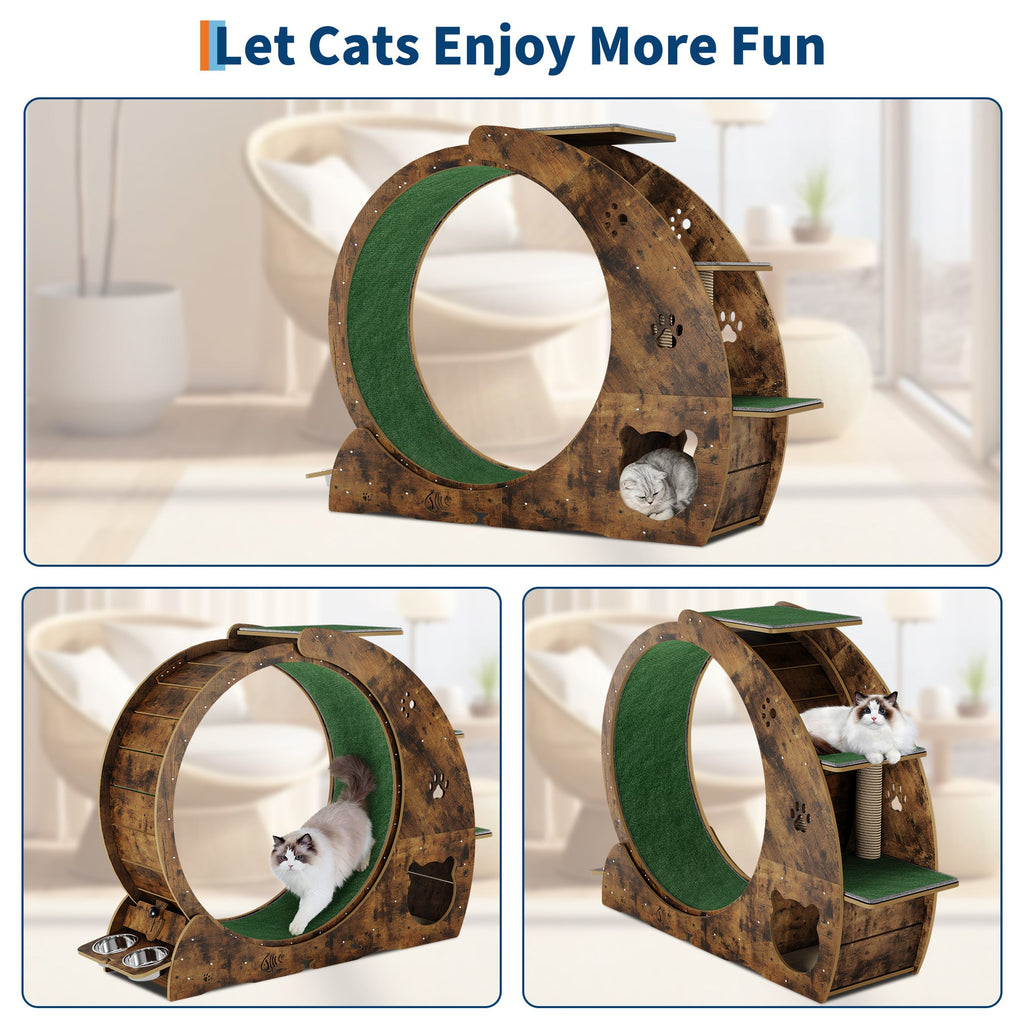 Garvee Large Cat Exercise Wheel for Indoor Cats - 3-Tier Climbing Tower with Built-in Graze Post & Carpeted Fashion Show - Quiet Spinner for Training & Obesity Prevention - Vintage Brown