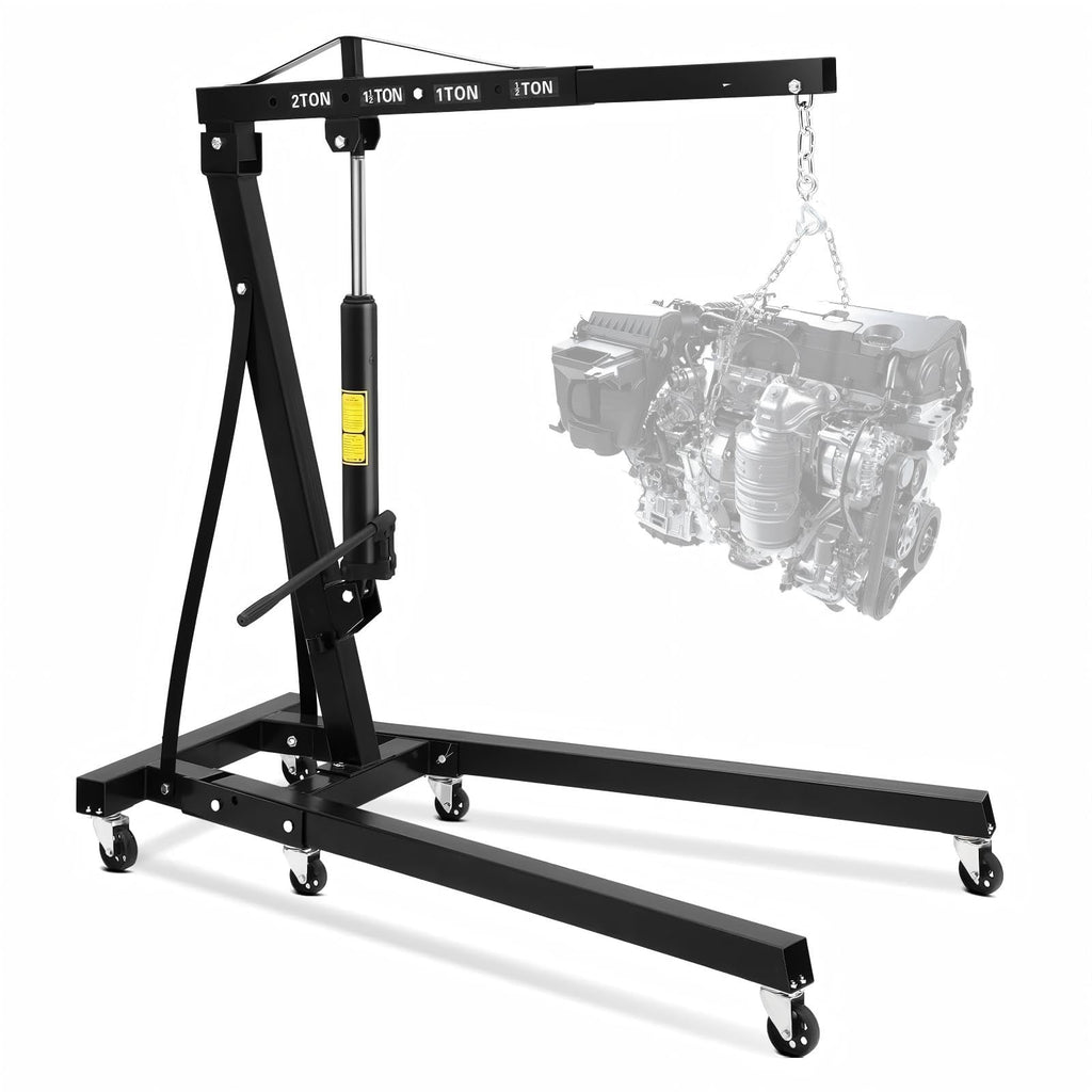 Garvee 2-Ton Engine Hoist - 4400 lbs Folding Hydraulic Cherry Picker, Heavy-Duty Shop Crane with 6 Caster Wheels and 4 Adjustable Boom Positions for Warehouse, Garage, and Workshop, Black