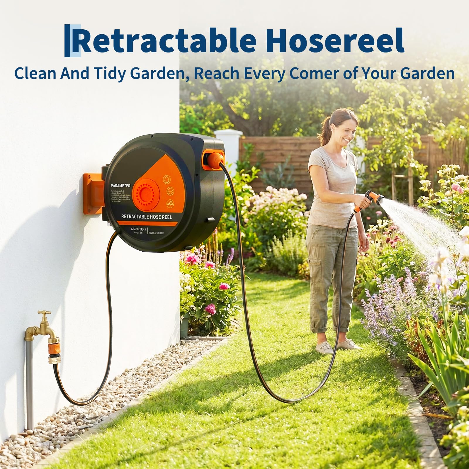 Garvee Retractable Garden Hose Reel, 1/2 in x 130 ft Heavy Duty Wall Mount Hose Reel with 10-Function Nozzle, Any-Length Lock, Auto Slow Rewind & 180° Swivel Bracket