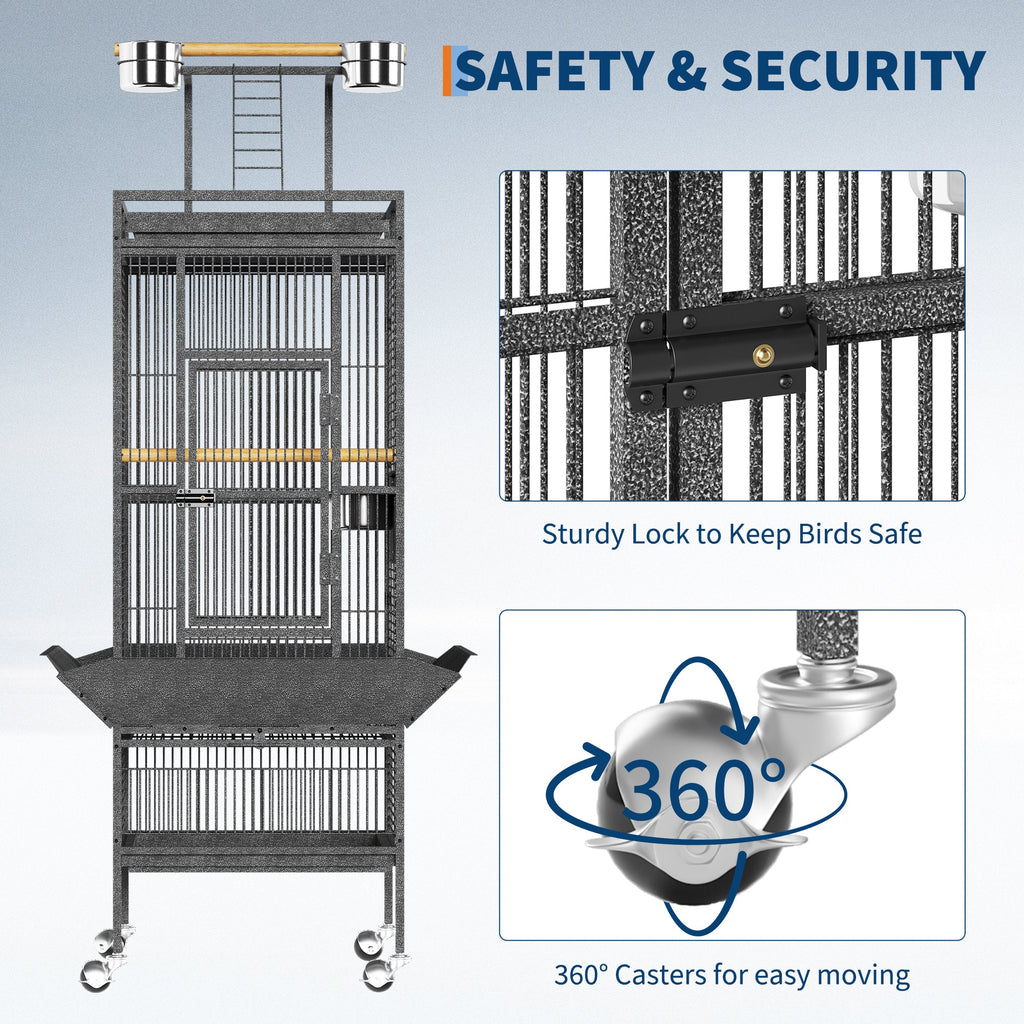 Garvee 61 Inch Large Metal Bird Cage with Play Top & Rolling Stand – Stainless Steel & Wood Aviary for Macaws, Cockatoos, Conures, Parakeets, Cockatiels – Spacious Indoor Cage – Exploding Silver