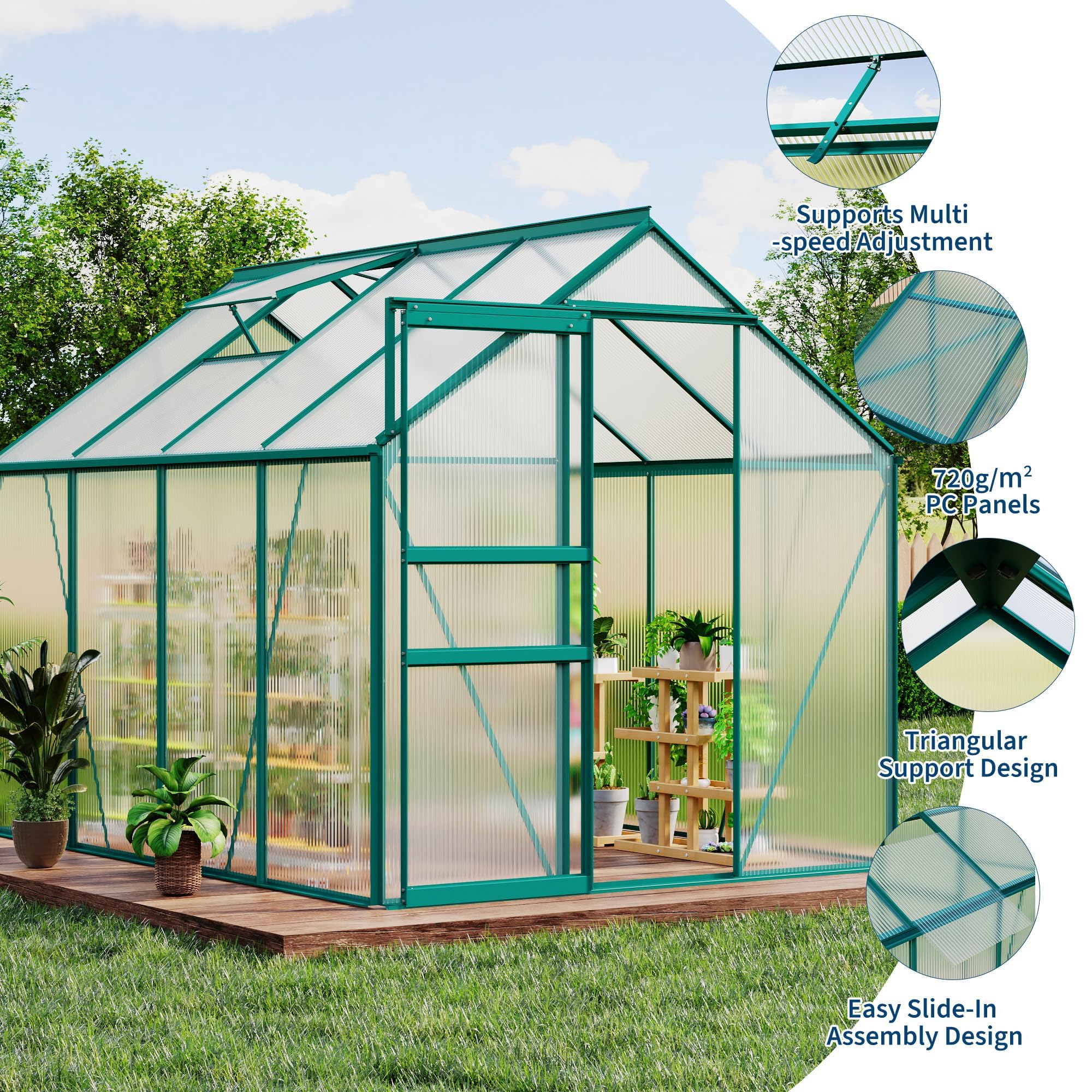 Garvee Walk-in Greenhouse 6x8 FT Aluminum Frame with Roof Vent Rain Gutter Sliding Door Perfect for Outdoor Patio Backyard Garden Apartment Balcony