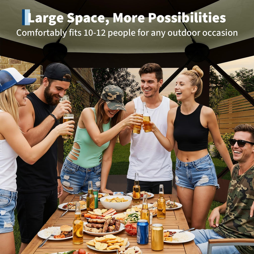 Garvee 6-Sided Pop Up Tent 11.7' X 10.1' Hexagonal Shape. One-Push Setup. Mosquito Netting. Steel Frame. Removable Wind Cloths. Outdoor Camping & Backyard Shelter