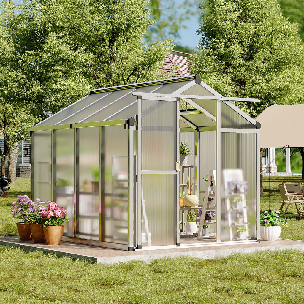 Garvee Walk-In Polycarbonate Greenhouse for Outdoors, Heavy Duty Aluminum Greenhouse with Adjustable Roof Vent & Lockable Door, UV-Protected Backyard Green House for Garden, Patio & Lawn, Easy Assembly, Silver
