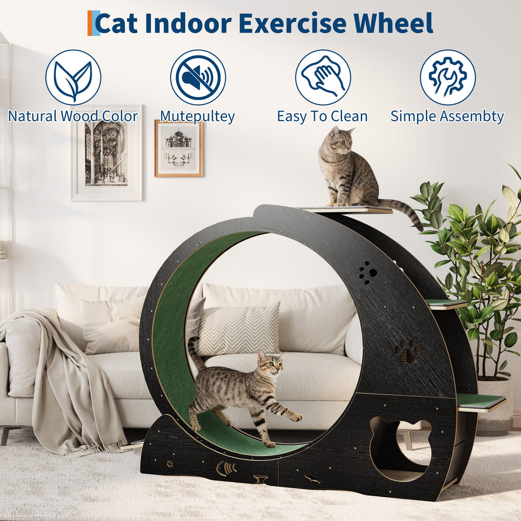 Garvee Large Cat Exercise Wheel for Indoor Cats - 3-Tier Climbing Tower & Grazeing Post - Silent Treadmill for Training, Exercise & Obesity Prevention - Black