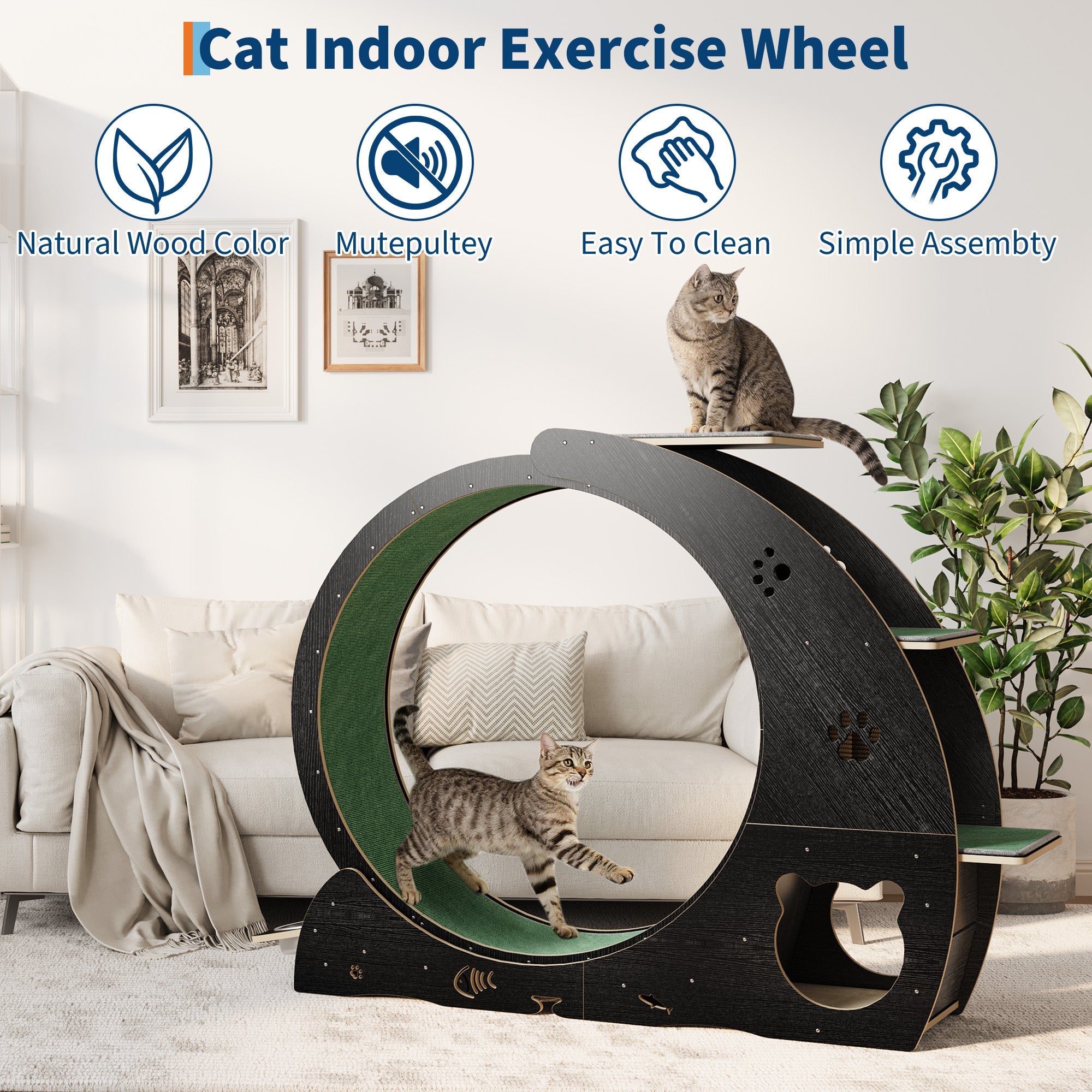 Garvee Large Cat Exercise Wheel for Indoor Cats - 3-Tier Climbing Tower & Grazeing Post - Silent Treadmill for Training, Exercise & Obesity Prevention - Black