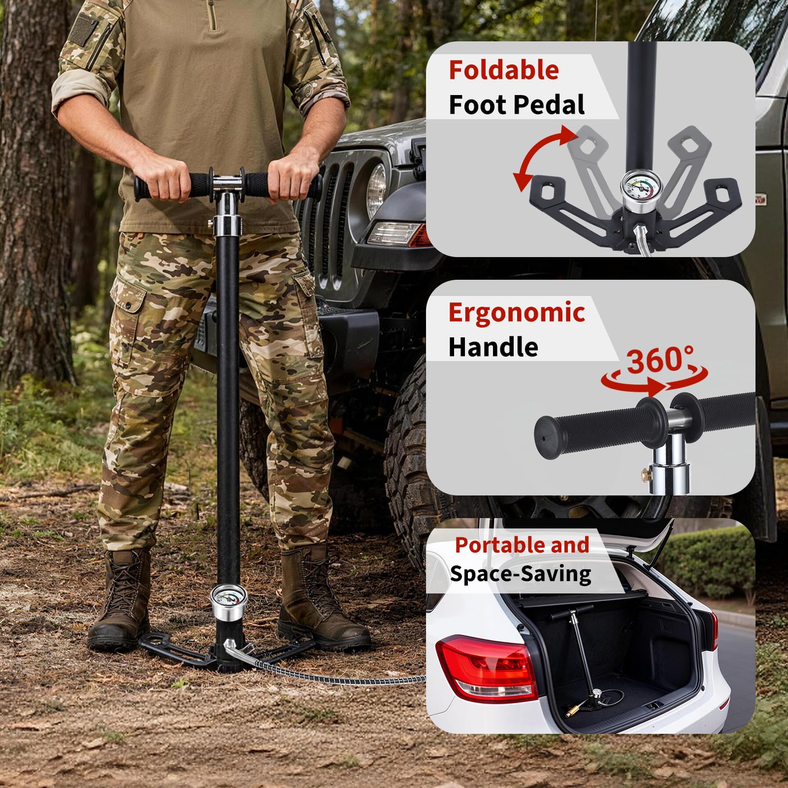 Garvee High Pressure 4-Stage PCP Hand Pump for Air Rifles & Tires – 30MPa/4500PSI Manual Air Compressor – Oil-Water Filter, Ideal for Paintball, HPA Tanks, Tire Inflation – Auto Tool
