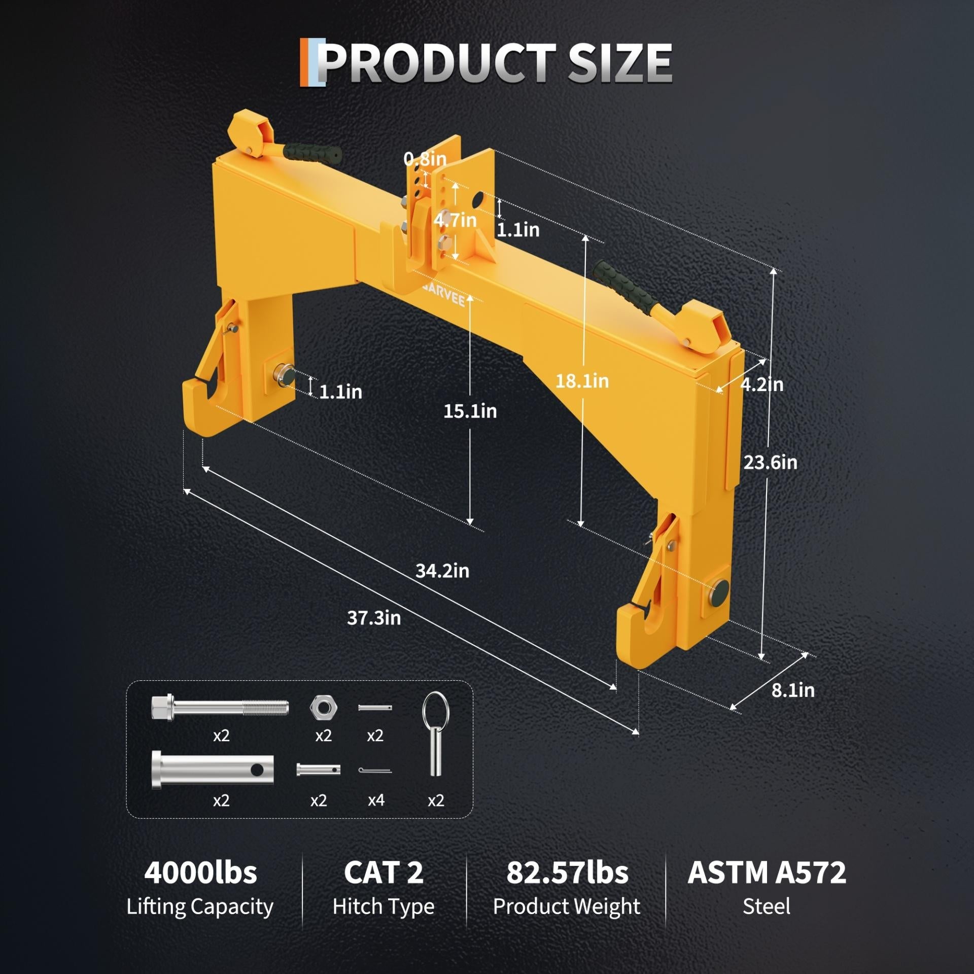 Garvee Heavy Duty 4000lbs 3-Point Quick Hitch for Category 2 Tractors - 5-Level Adjustable Bolt - Compatible with Cat 2 Implements - Agricultural Equipment Adapter - Yellow