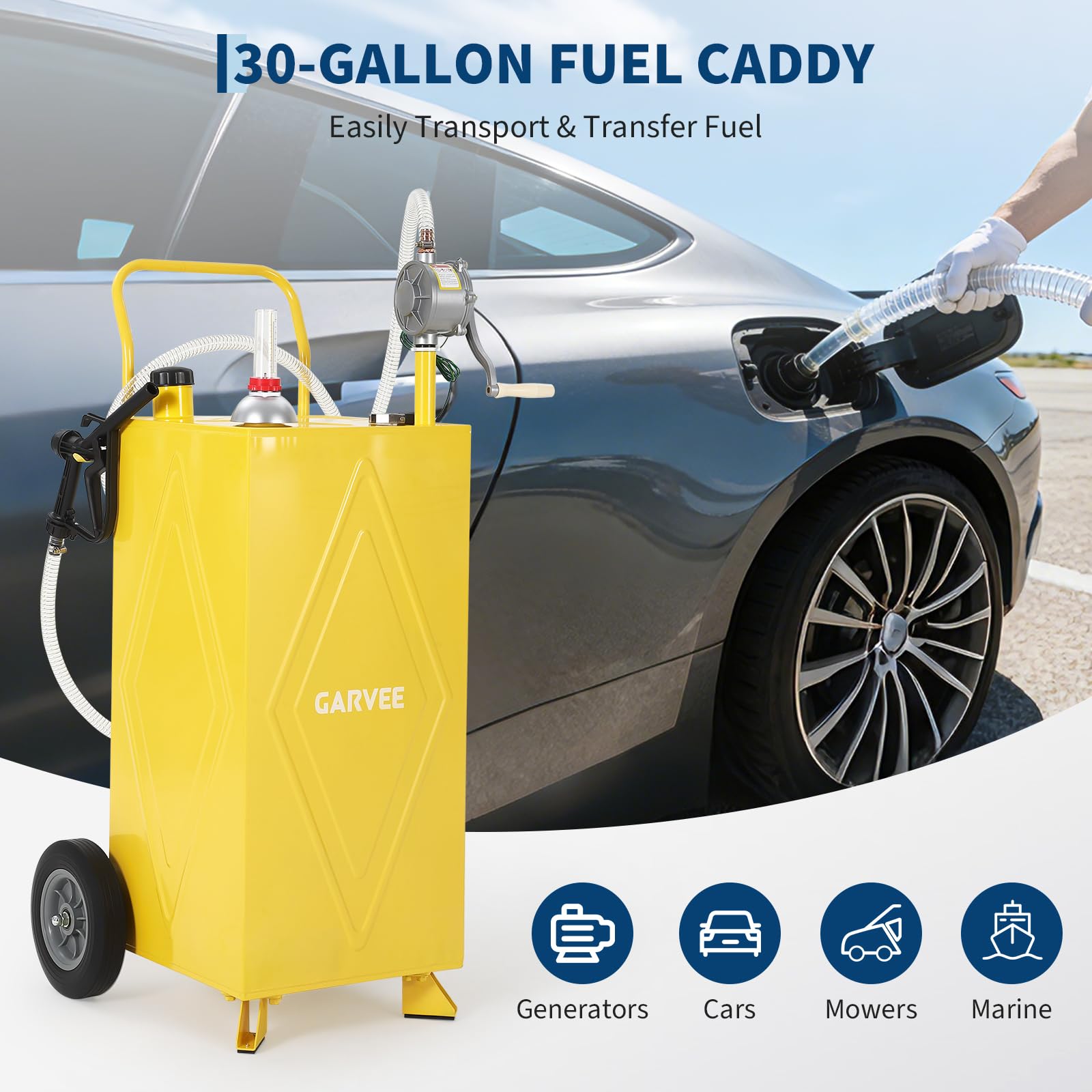 Garvee 35 Gallon Portable Fuel Gas Caddy – Manual Rotary Pump, Wheels, Fuel Hose, Level Gauge, Wide Fill Neck – Mobile Gasoline/Fuel Transfer Tank for ATV, Tractor, Mower, Car, Boat – Reinforced 2-wheel, 2-support version - Yellow - Ma Hailin