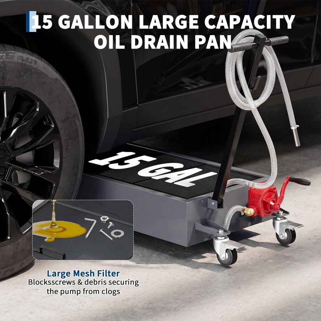 Garvee 15 gal Oil Drain Pan with Manual Pump - Metal Rolling Oil Change Pan with 8ft Hose & Foldable T-Shape Handle, Low Profile Design, Ideal for Cars, Trucks, RVs, SUVs, Silver