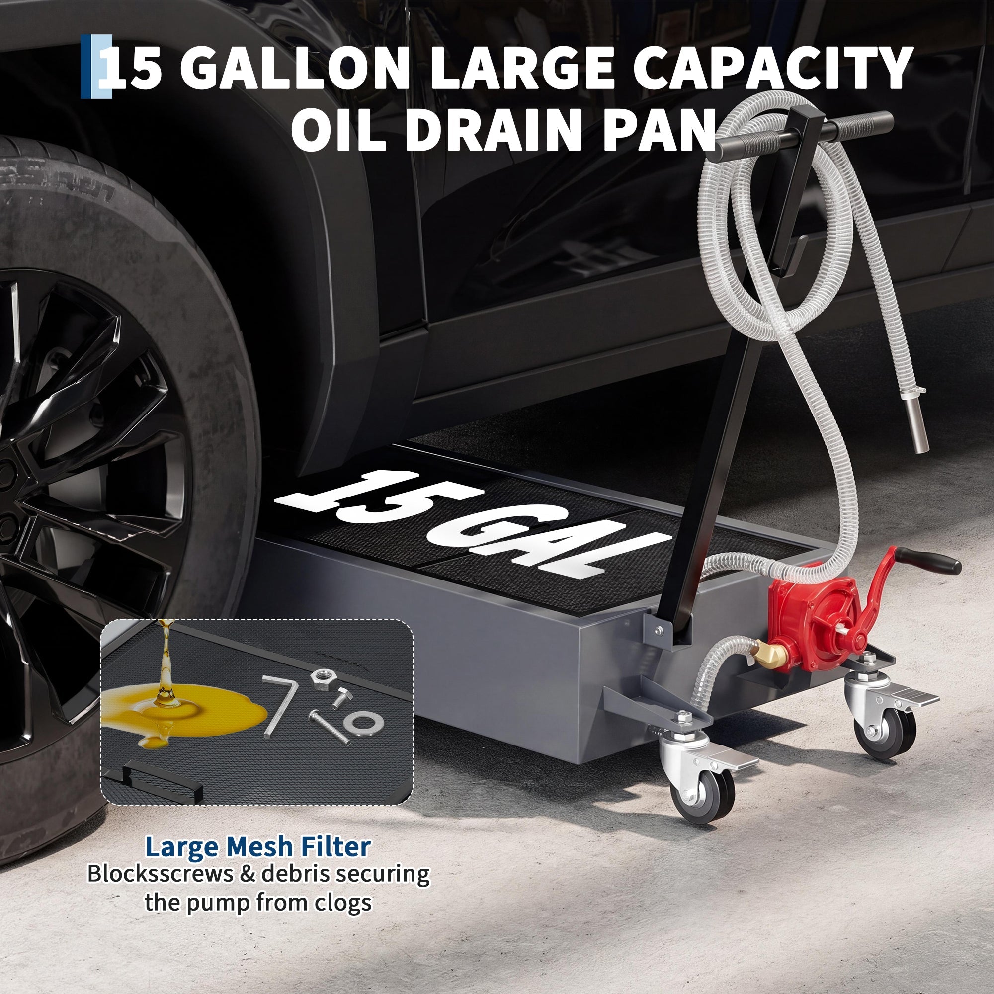 Garvee 15 gal Oil Drain Pan with Manual Pump - Metal Rolling Oil Change Pan with 8ft Hose & Foldable T-Shape Handle, Low Profile Design, Ideal for Cars, Trucks, RVs, SUVs, Silver