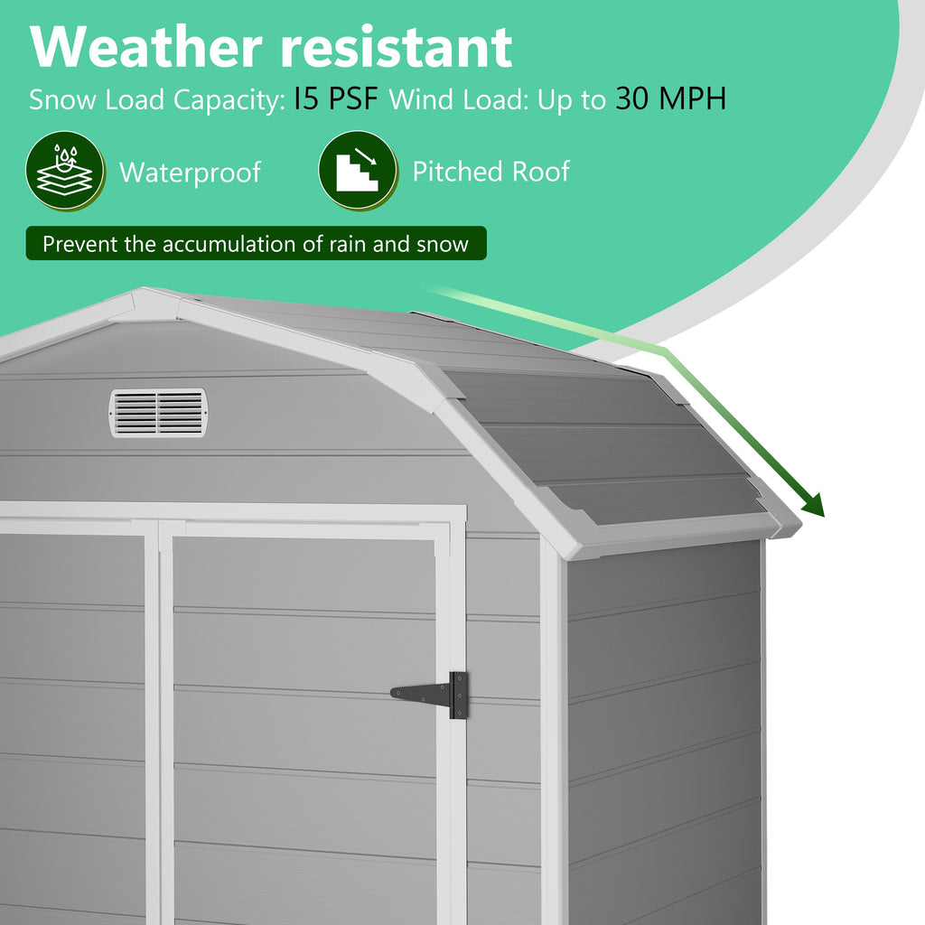 Garvee 6×4.5FT Resin Outdoor Storage Shed, Waterproof Garden Tool Shed with Floor, Window, Vents, Lockable Door & Ramp, UV-Resistant Patio Storage House for Backyard, Garden, Light Grey
