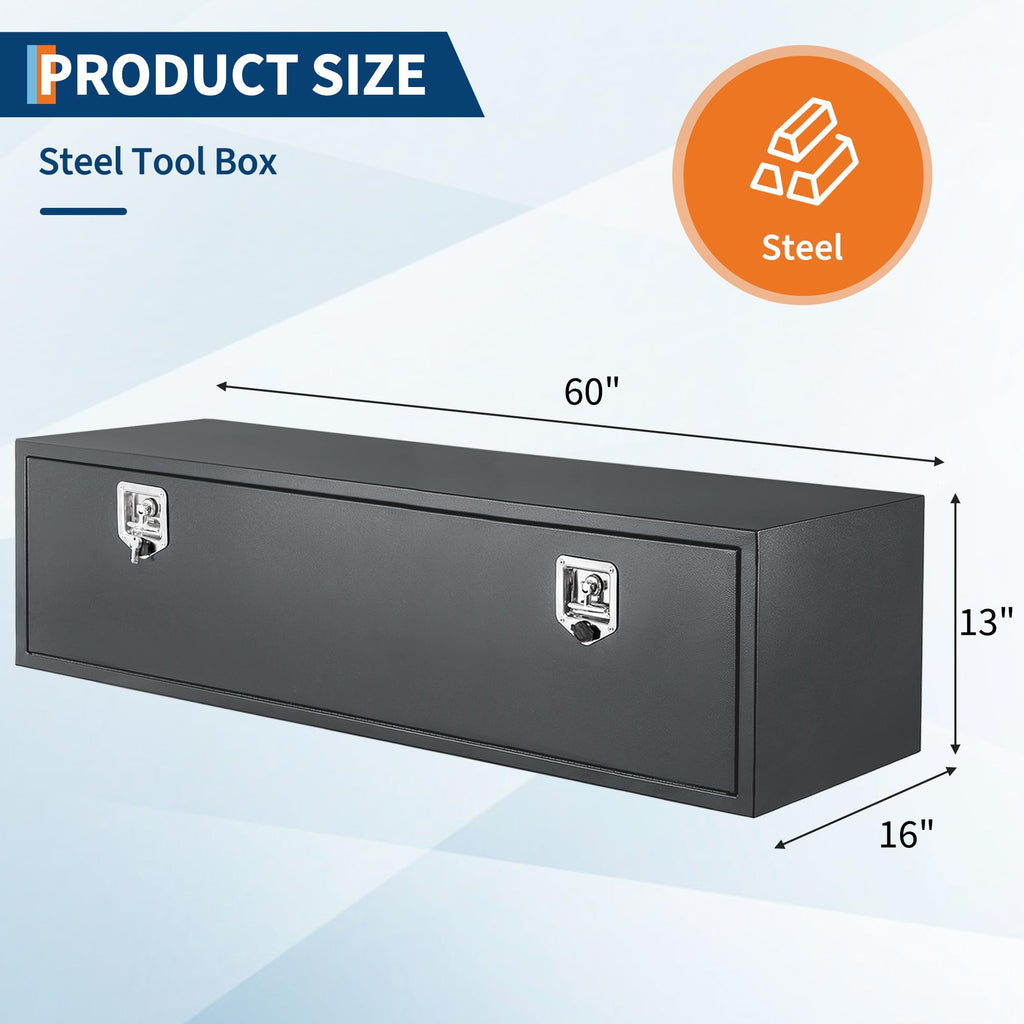 Garvee 60" x 16" x 13" Heavy Duty Black Steel Underbody Truck Tool Box – Weatherproof T-Handle Lock Storage Chest – Smooth Surface, Ideal for Pickups, Trailers, RVs, Black Base Silver Flower Spray Plastic, Underbody Tool Box
