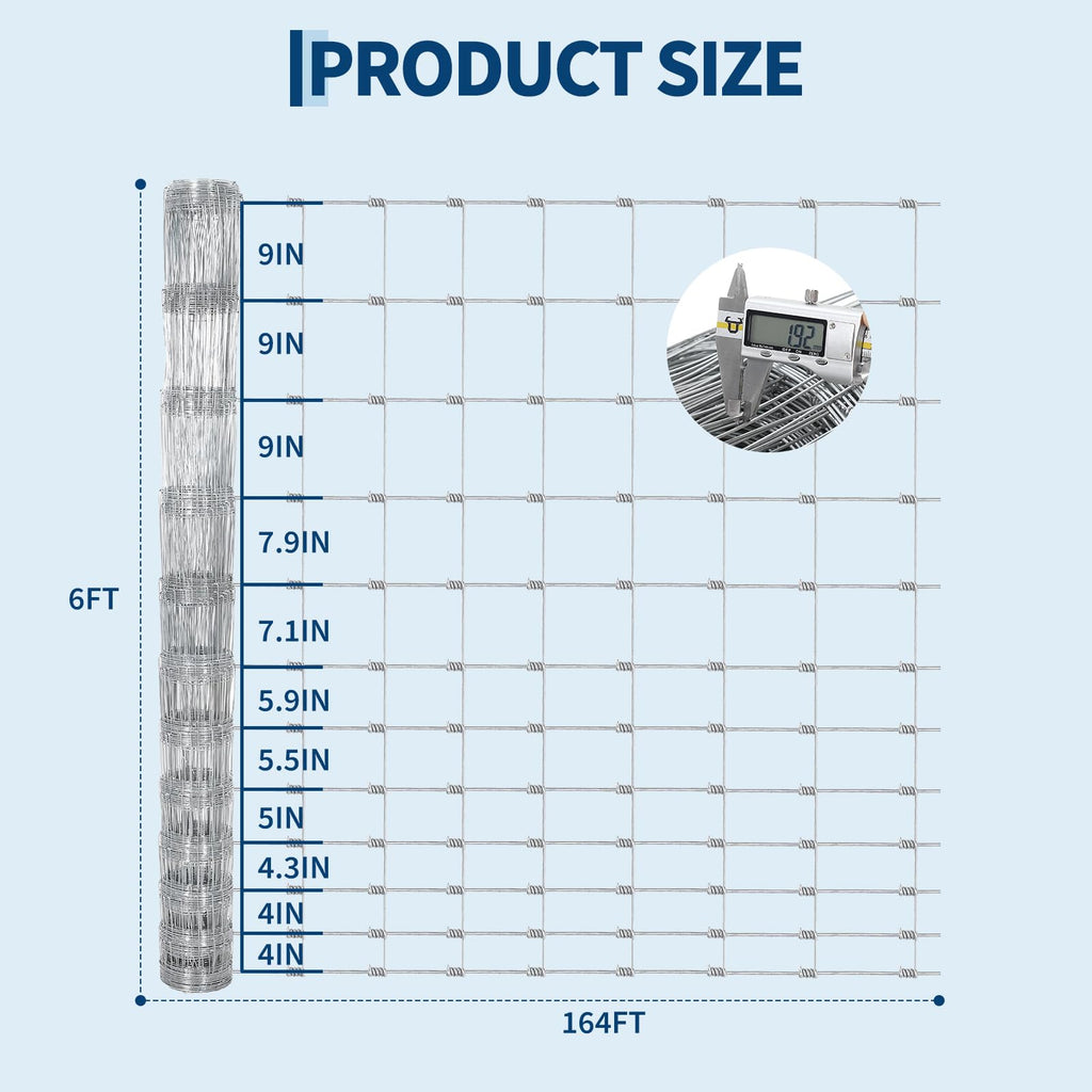Garvee 6' × 164' Galvanized Cattle Fence, 14GA Zinc-Coated Mesh Livestock Barrier for Farm Yard