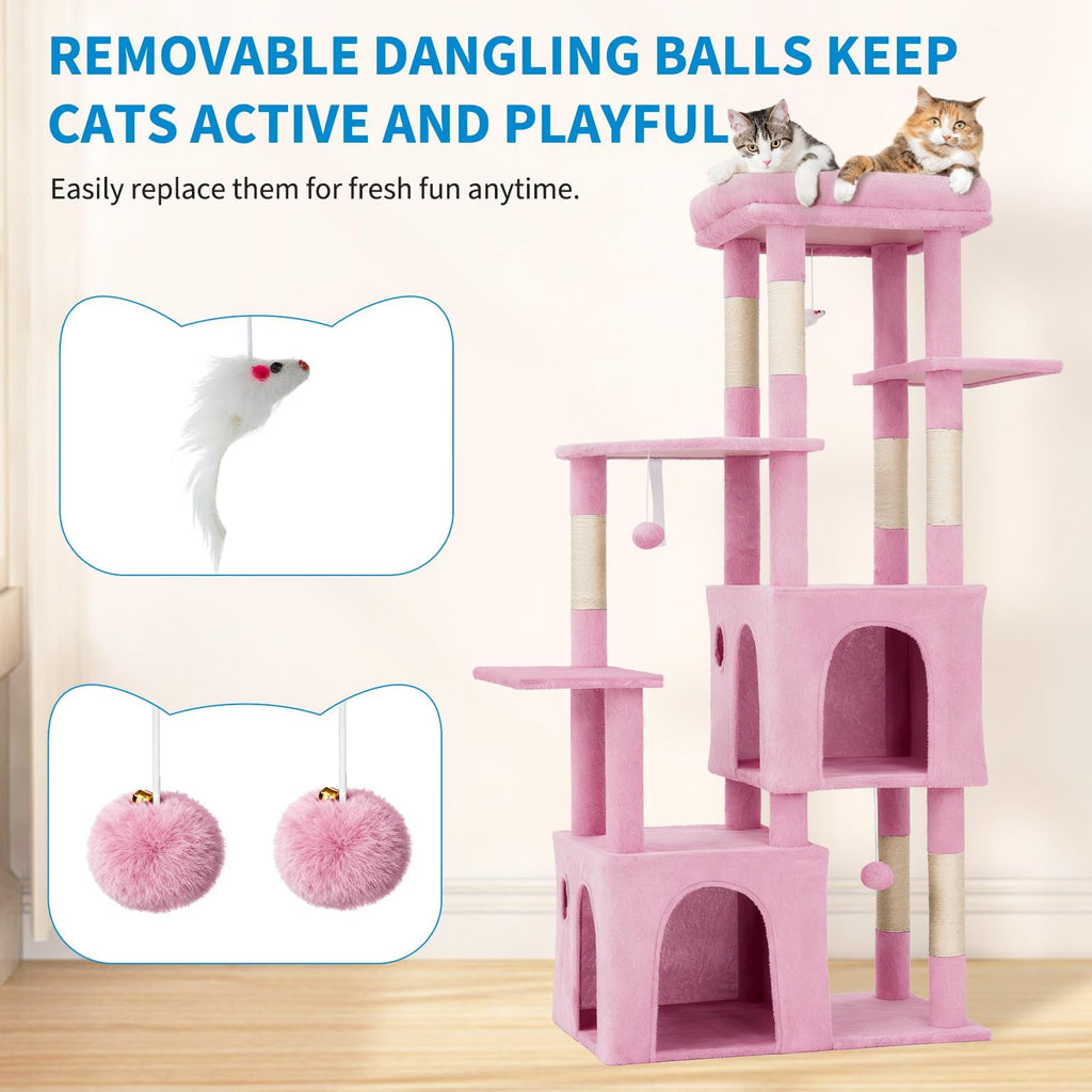 Garvee 61" Multi-Level Cat Tree for Indoor Cats, Heavy-Duty Tower for Large Adult & Maine Coon Cats with Oversized Perch, Dual Condos, Natural Sisal Scratching Posts & Play Toys – Pink