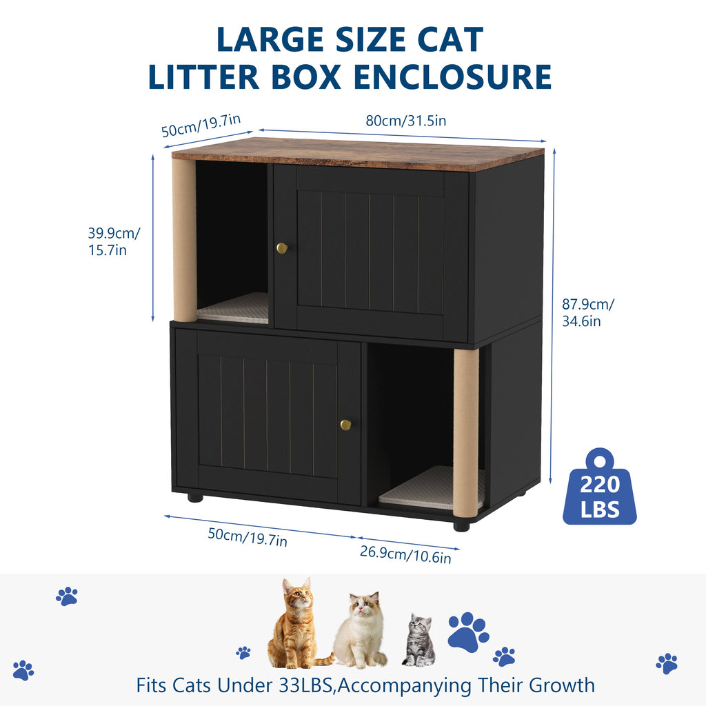 Garvee Double Cat Litter Box Enclosure Furniture for 2 Cats – 2-Tier Modern Wooden Cabinet with Hidden Litter, Sisal Marking Posts, Dual Mats, Odor Control, End Table Storage – Grooved Black Door