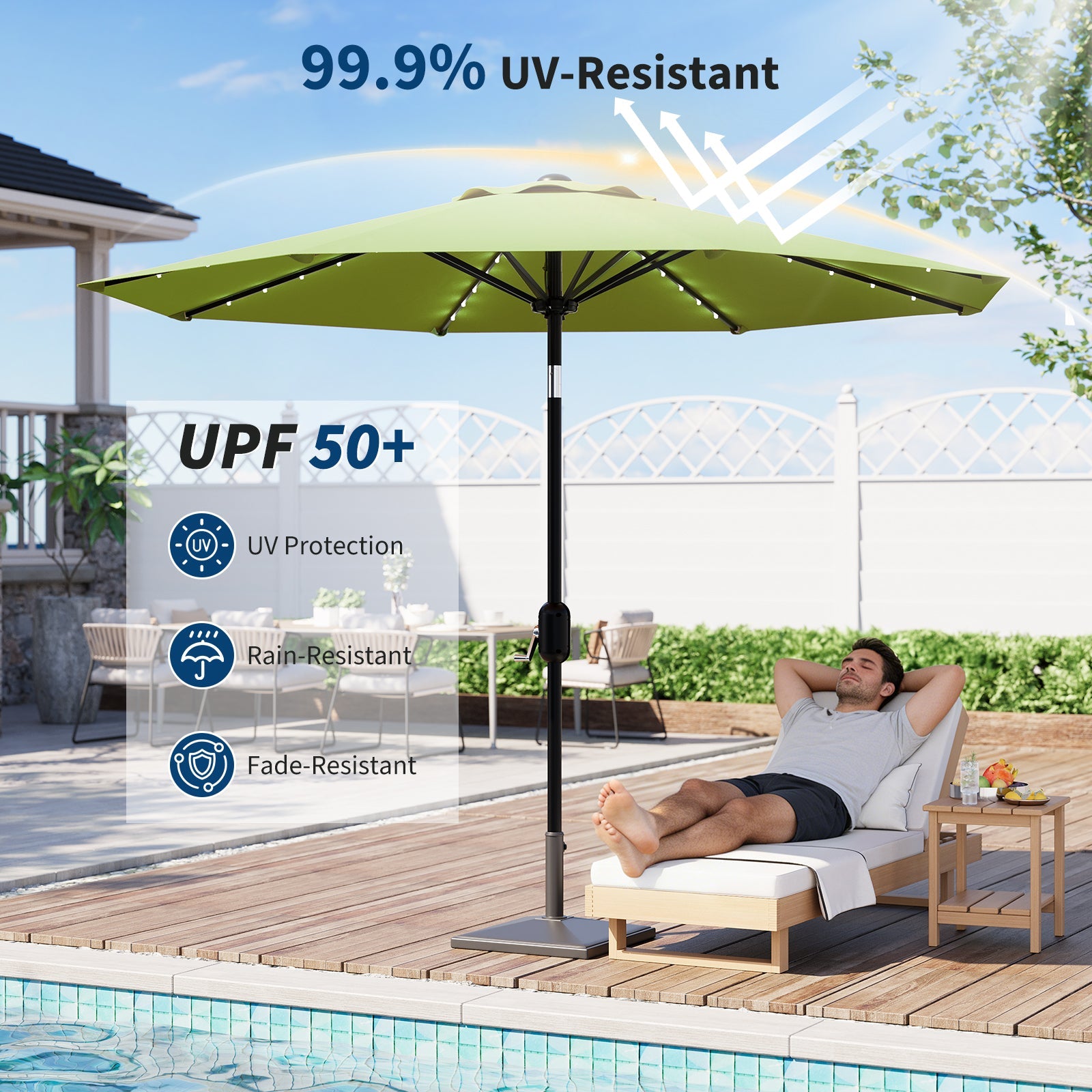 Garvee 9FT Solar LED Patio Umbrella with 32 Lights, Tilt & Crank Outdoor Market Umbrella, UV & Water Resistant, 8 Ribs Sunshade for Garden, Deck, Pool & Table, Green
