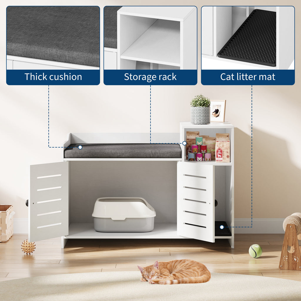 Garvee Cat Litter Box Enclosure, Hidden Litter Box Furniture with Litter Mat & Storage Shelf, Farmhouse Indoor Cat House Cabinet for Hallway, Bedroom, White