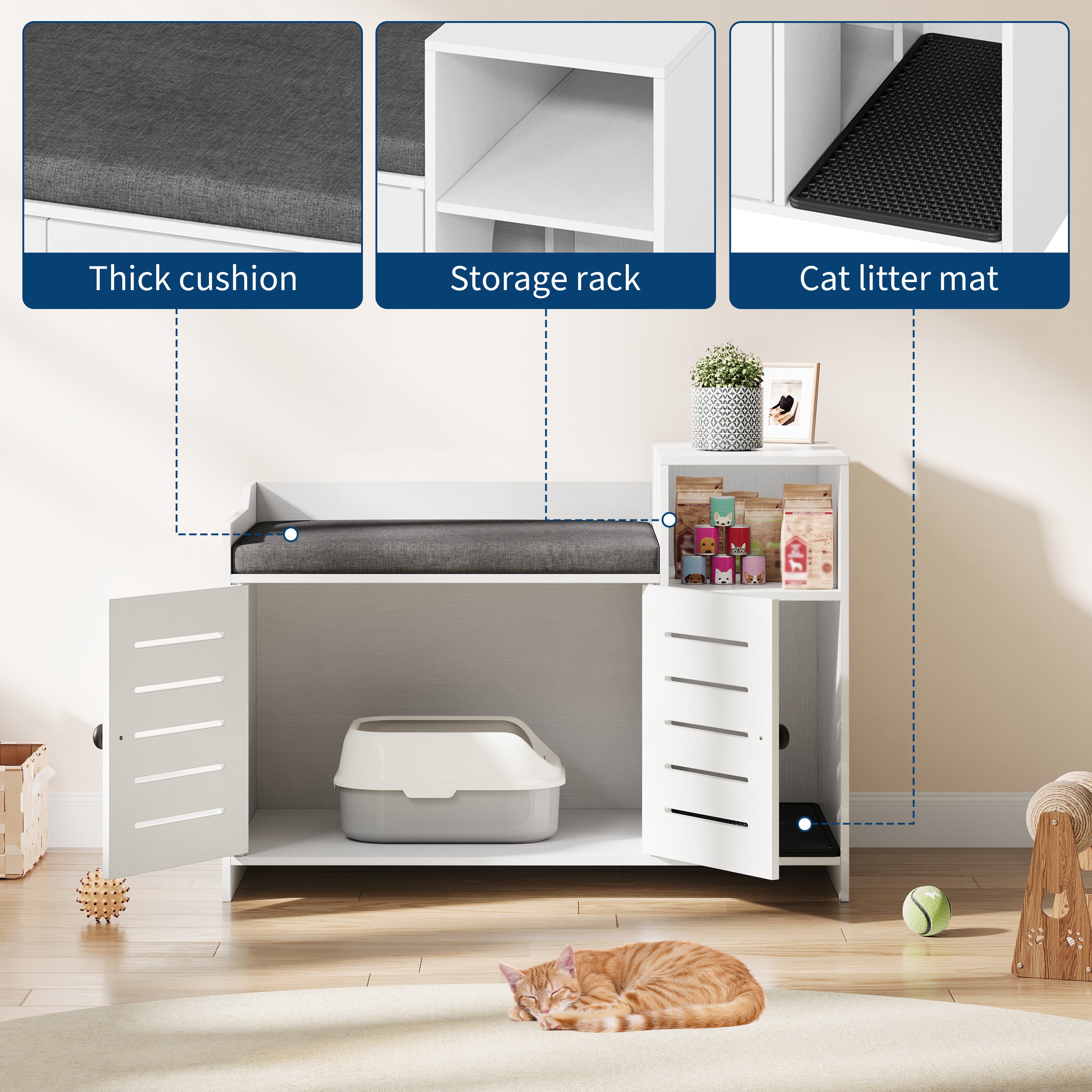 Garvee Cat Litter Box Enclosure, Hidden Litter Box Furniture with Litter Mat & Storage Shelf, Farmhouse Indoor Cat House Cabinet for Hallway, Bedroom, White