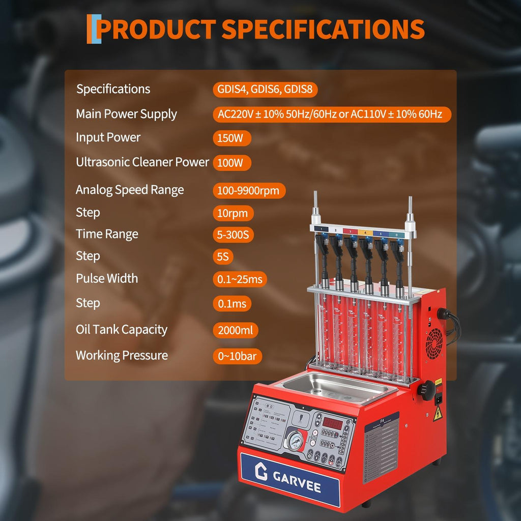Garvee Fuel Injector Tester & Cleaner, 2-in-1 100W Ultrasonic, Resistance/Flow/Pulse Test, Adjustable 0.1-25ms Pulse Width, for 6 Cylinder Gasoline Engines, Auto Repair Tool