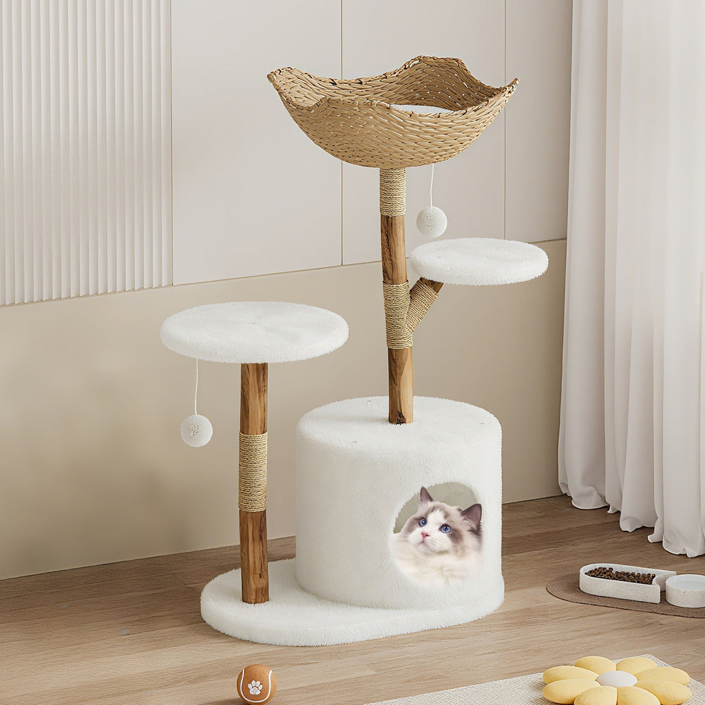 Garvee 46" Modern Cat Tree for Large Cats, Real Solid Wood Branch Luxury Cat Condo with Scratching Post and Cat Bed, Boho Aesthetic Luxury Pet Furniture