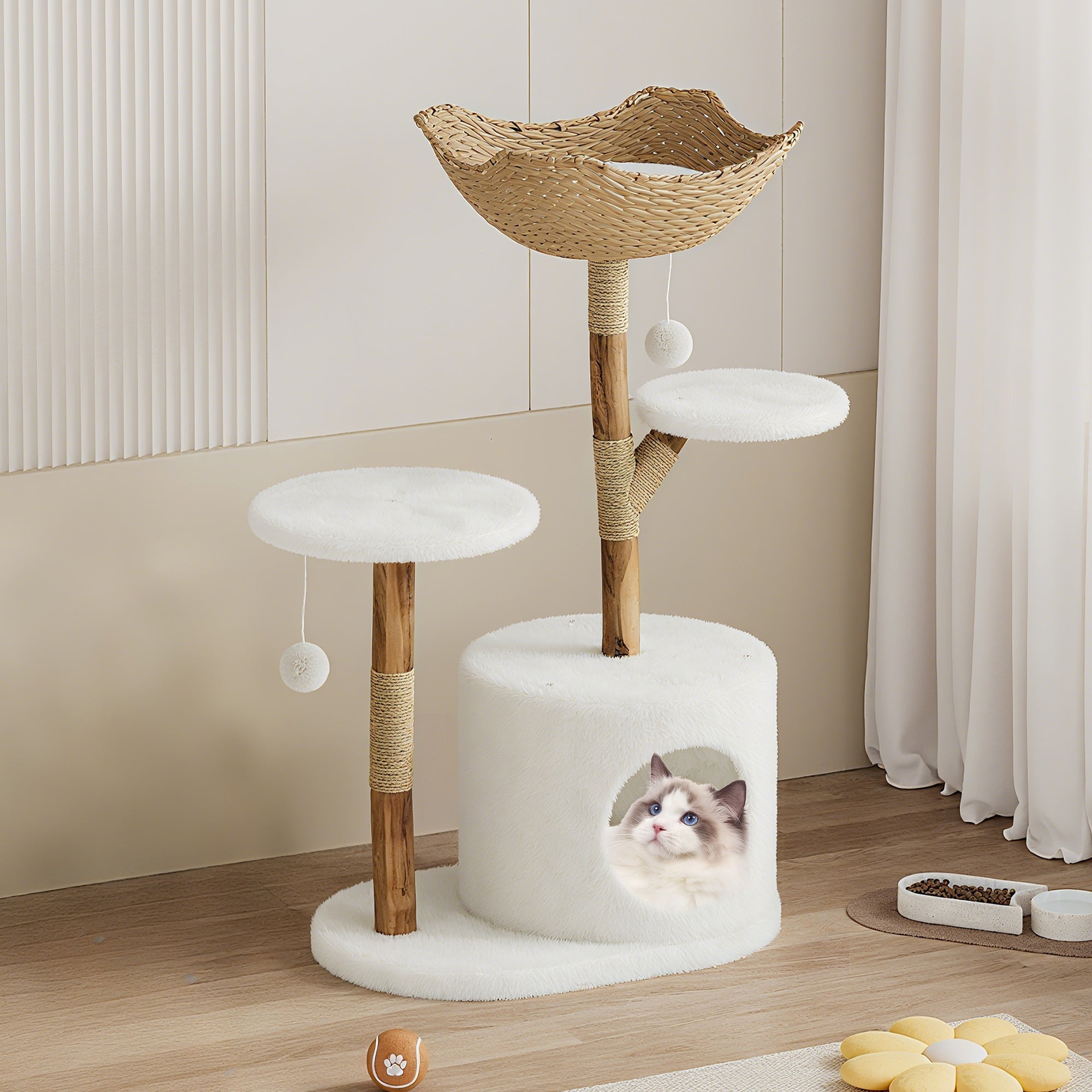 Garvee 46" Modern Cat Tree for Large Cats, Real Solid Wood Branch Luxury Cat Condo with Scratching Post and Cat Bed, Boho Aesthetic Luxury Pet Furniture