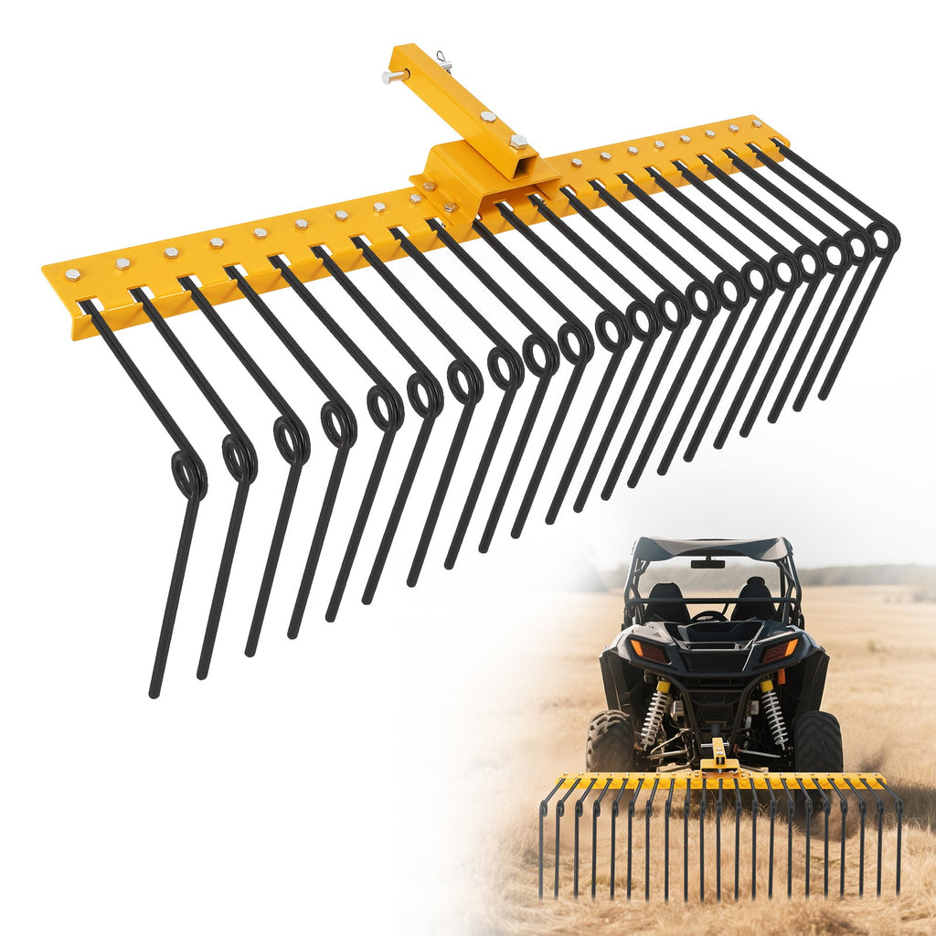 Garvee 48-Inch Tow-Behind Pine Straw Landscape Rake, Heavy-Duty Alloy Steel Tow Lawn Rake with 17 Replaceable Heat-Treated Tines, 2-Inch Receiver Hitch Attachment for UTV, ATV, and Lawn Tractors