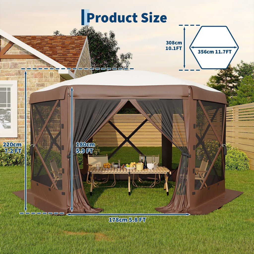 Garvee 6-Sided Pop Up Tent 11.7' X 10.1' Hexagonal Shape. One-Push Setup. Mosquito Netting. Steel Frame. Removable Wind Cloths. Outdoor Camping & Backyard Shelter