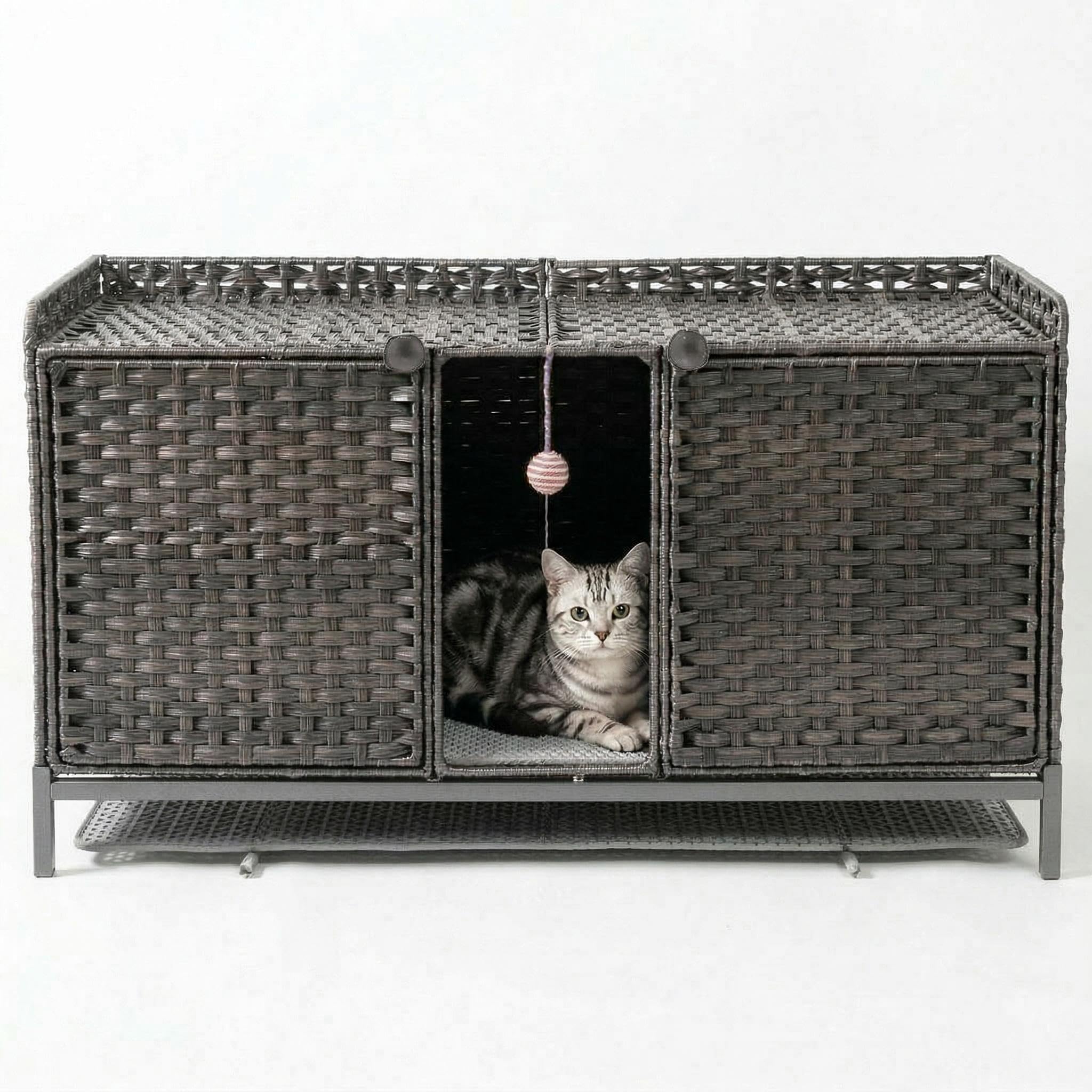 Garvee Handwoven Rattan Cat Litter Box Enclosure - Hidden Cat Washroom Cabinet with Door, Mat & S-Shaped Hooks - Spacious Stylish Cat Furniture for Living Room or Bedroom - Gray