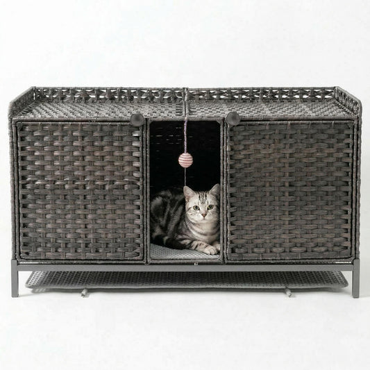Garvee Handwoven Rattan Cat Litter Box Enclosure - Hidden Cat Washroom Cabinet with Door, Mat & S-Shaped Hooks - Spacious Stylish Cat Furniture for Living Room or Bedroom - Gray