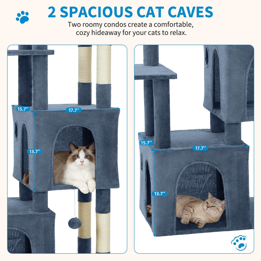 Garvee 61" Multi-Level Cat Tree for Indoor Cats, Heavy-Duty Tower for Large Adult & Maine Coon Cats with Oversized Perch, Dual Condos, Natural Sisal Scratching Posts & Play Toys – Light Blue