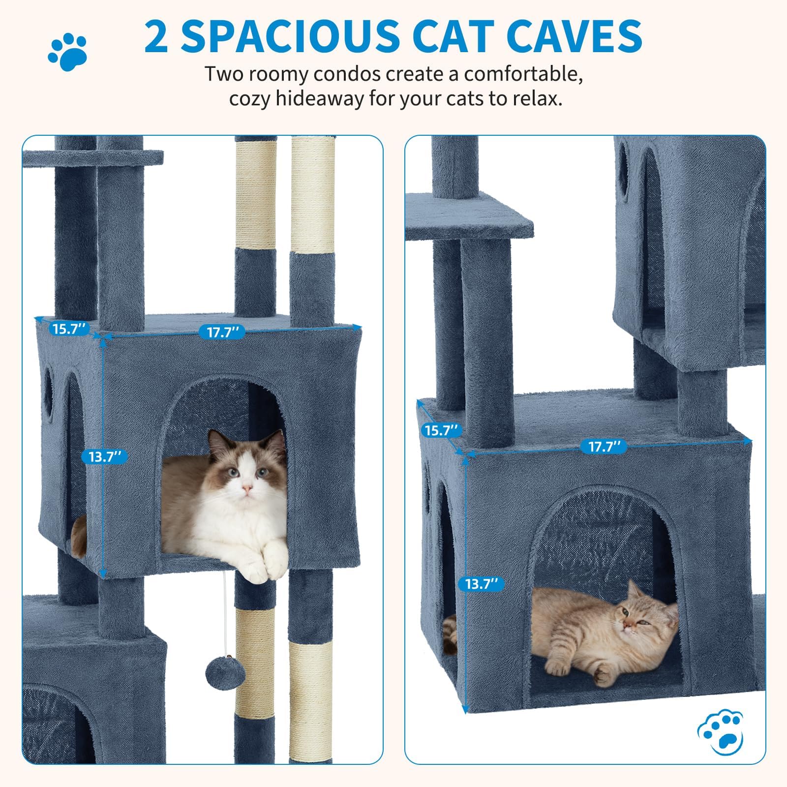 Garvee 61" Multi-Level Cat Tree for Indoor Cats, Heavy-Duty Tower for Large Adult & Maine Coon Cats with Oversized Perch, Dual Condos, Natural Sisal Scratching Posts & Play Toys – Light Blue