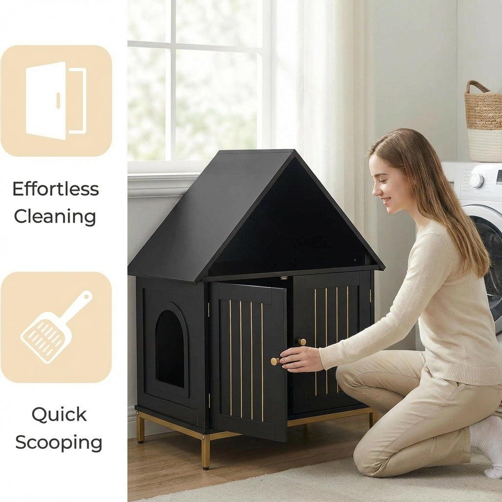 Garvee Cat Litter Box Enclosure, Wooden Litter Box Furniture Hidden, Modern Cat Washroom Furniture with Barn Door, Indoor Cat House, End Table, Fit Most of Litter Box