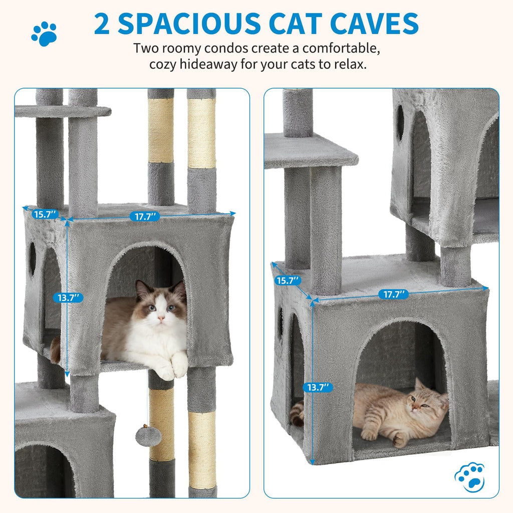 Garvee 61" Multi-Level Cat Tree for Indoor Cats, Heavy-Duty Tower for Large Adult & Maine Coon Cats with Oversized Perch, Dual Condos, Natural Sisal Scratching Posts & Play Toys – Light Gray