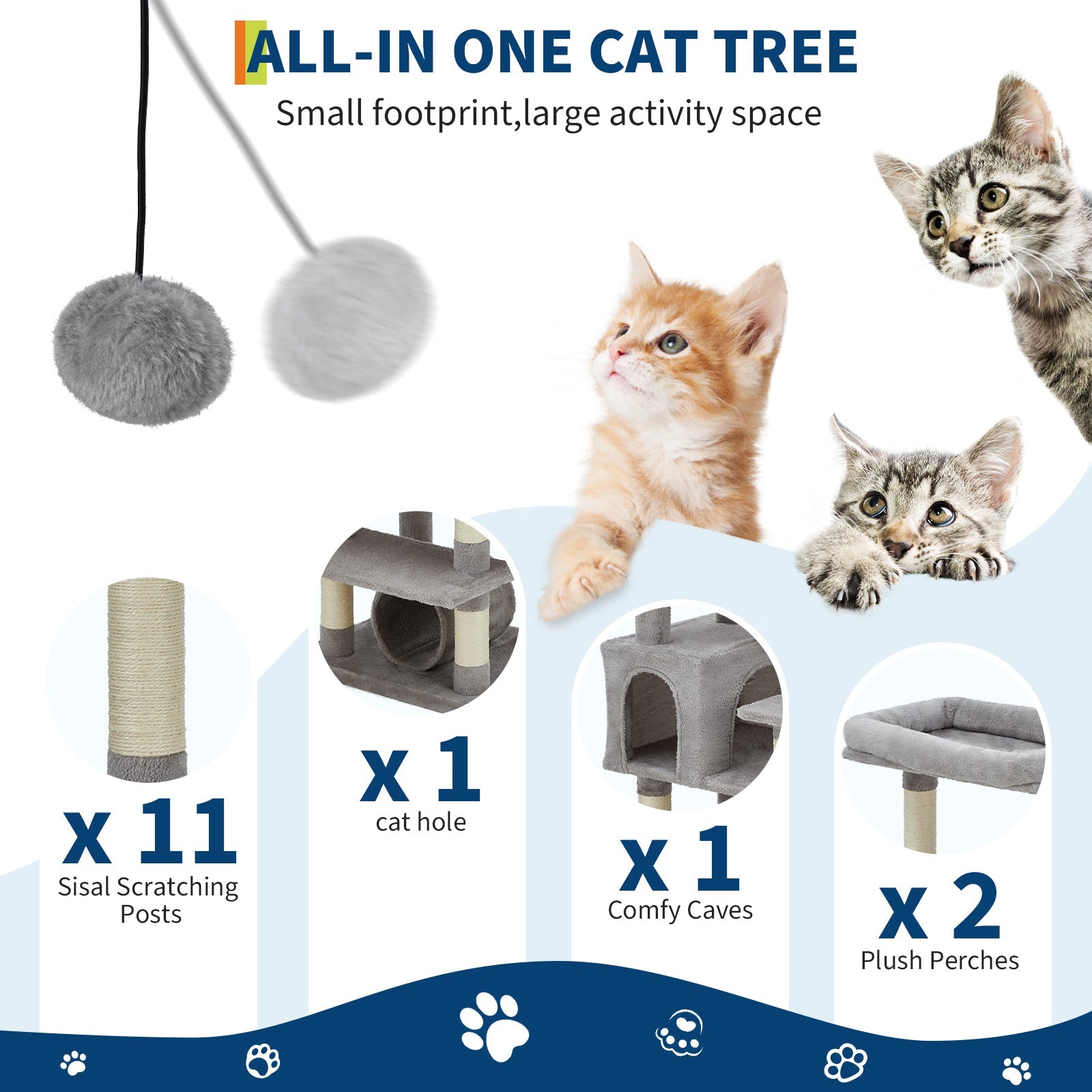 Garvee Multi-Level Cat Tree with Condo, 74" Tall Cat Tower with 11 Scratching Posts, Hammock, Tunnel, Large Top Perches & Anti-tip Kit, Indoor Cat Furniture for Large Cats, Light Gray