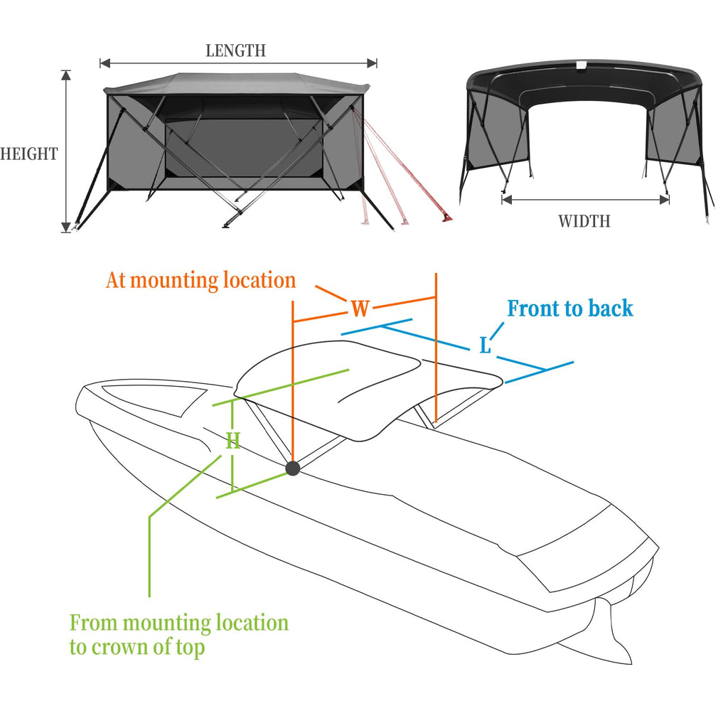 Garvee 4 Bow Bimini Top for Boats - 8'L x 54"H x 73"-78"W - 600D PU-Coated Light Gray Canvas Canopy with Translucent Side Curtains - 1" Aluminum Frame, UV Protection, Zippered Boot, Straps, Rear Support Poles - Color: Light Gray (Translucent Side Curtain)