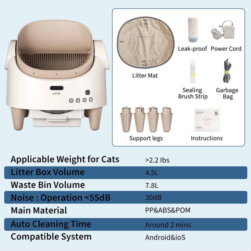 Garvee Smart Self Cleaning Cat Litter Box with App Control, Automatic Odor-Free Cat Toilet with Large Waste Bin and Disposable Bags, Open Top Design for Single or Multi Cat Households, Coffee