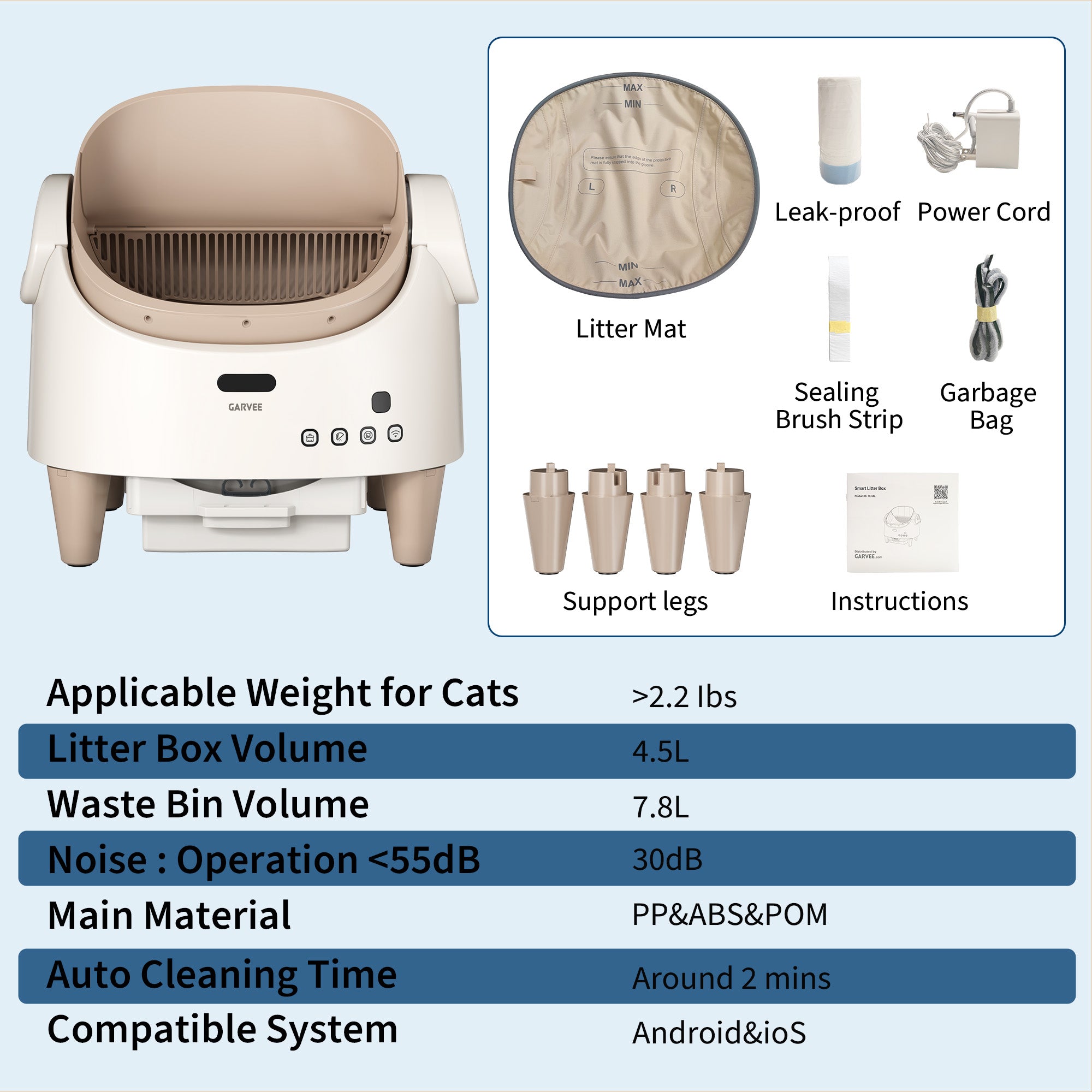 Garvee Smart Self Cleaning Cat Litter Box with App Control, Automatic Odor-Free Cat Toilet with Large Waste Bin and Disposable Bags, Open Top Design for Single or Multi Cat Households, Coffee