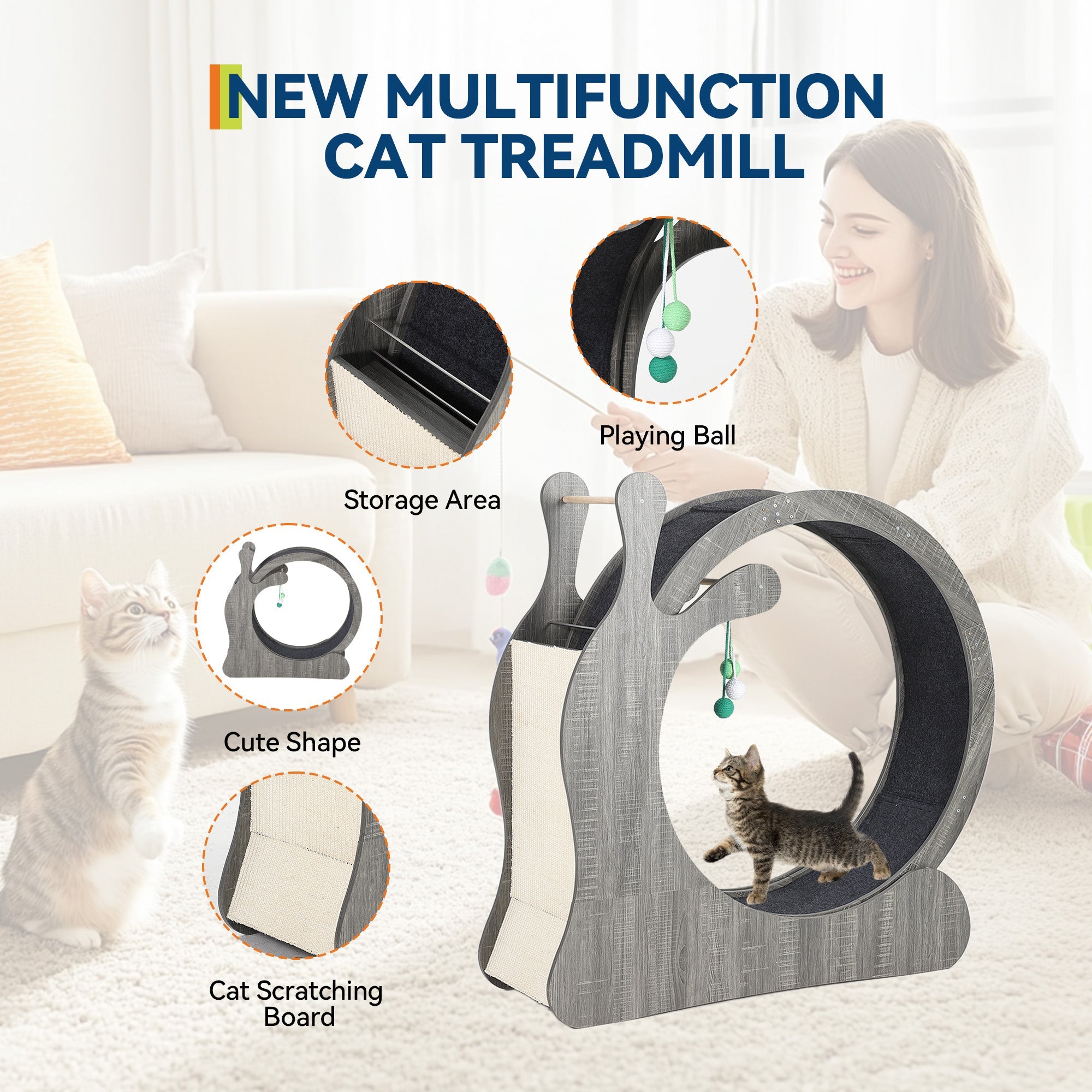 Garvee Cat Wheel Exerciser for Indoor Cats, 41'' Large 3-in-1 Cat Treadmill with Scratching Board and Play Balls, Quiet Cats Running Wheel for Kitty Fitness Grey