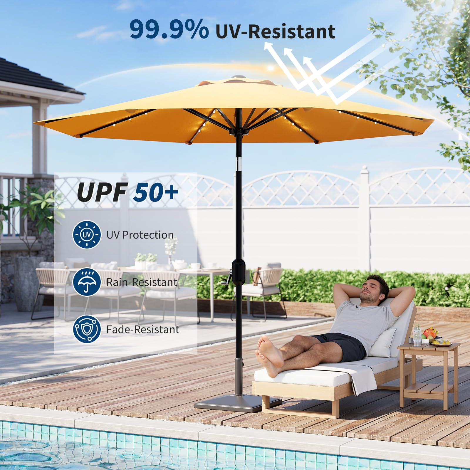 Garvee 10 FT Patio Umbrella with Solar Lights, Outdoor Table Umbrella with 8 Durable Ribs, Tilt & Crank Mechanism, Waterproof & UV Protection for Garden, Backyard, Poolside, Yellow