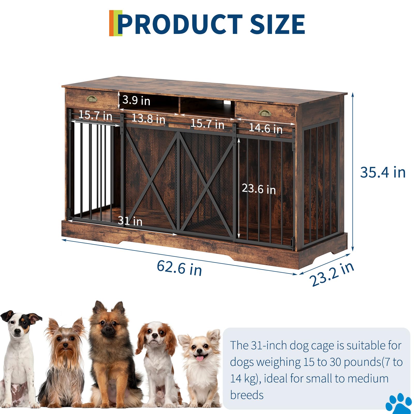 Garvee Heavy Duty Double Dog Crate Furniture for 2 Large or Medium Dogs – Wooden Kennel, Removable Divider, Lockable Sliding Doors, Drawers & Open Shelves, Indoor Pet Cage TV Stand – 63 Inches