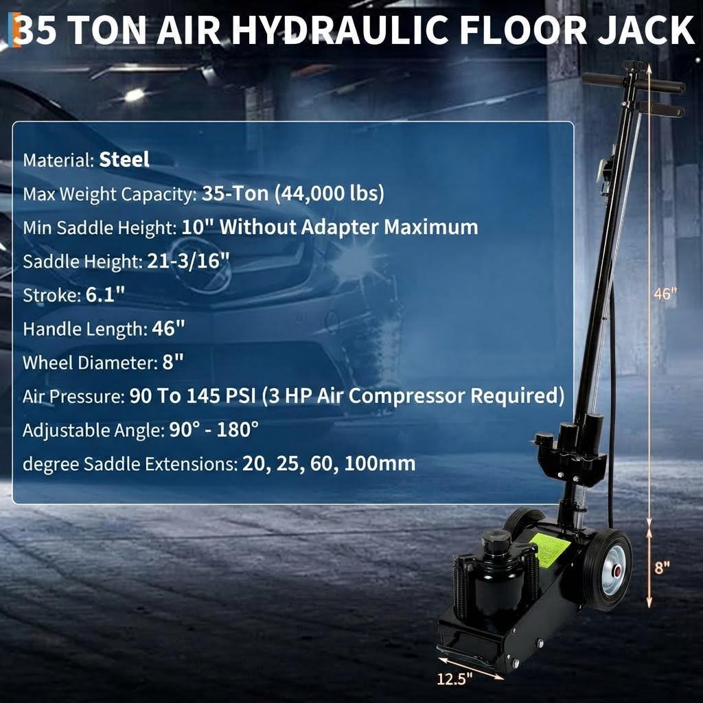 Garvee 35 Ton Air Hydraulic Floor Jack – Heavy Duty, Low Profile 10"-21.19" – Dual Power (Air/Manual), 77,000 lbs Capacity – 4 Lift Adapters, 46" Adjustable Handle, for Trucks, Tractors – Model 8022-2, Black