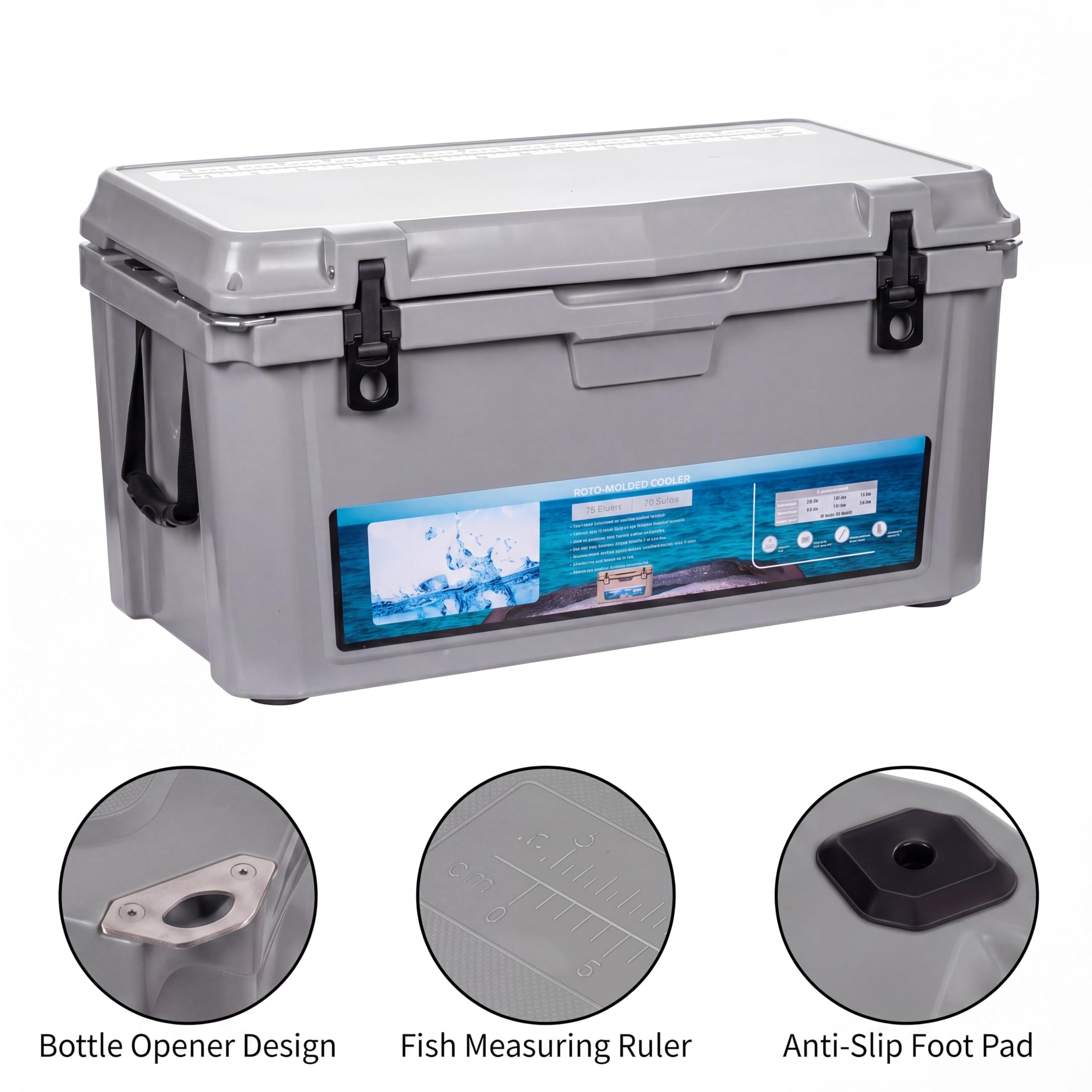 Garvee Extra-Thick Insulated Camping Cooler 75qt - Large Portable Ice Chest Keeps Ice Up to 7 Days - Strap & Handle - For Food, Drinks, Beach, Picnic, Fishing, Boat - Cool Gray - KUER-F-75 Cool Gray GRAY 6C