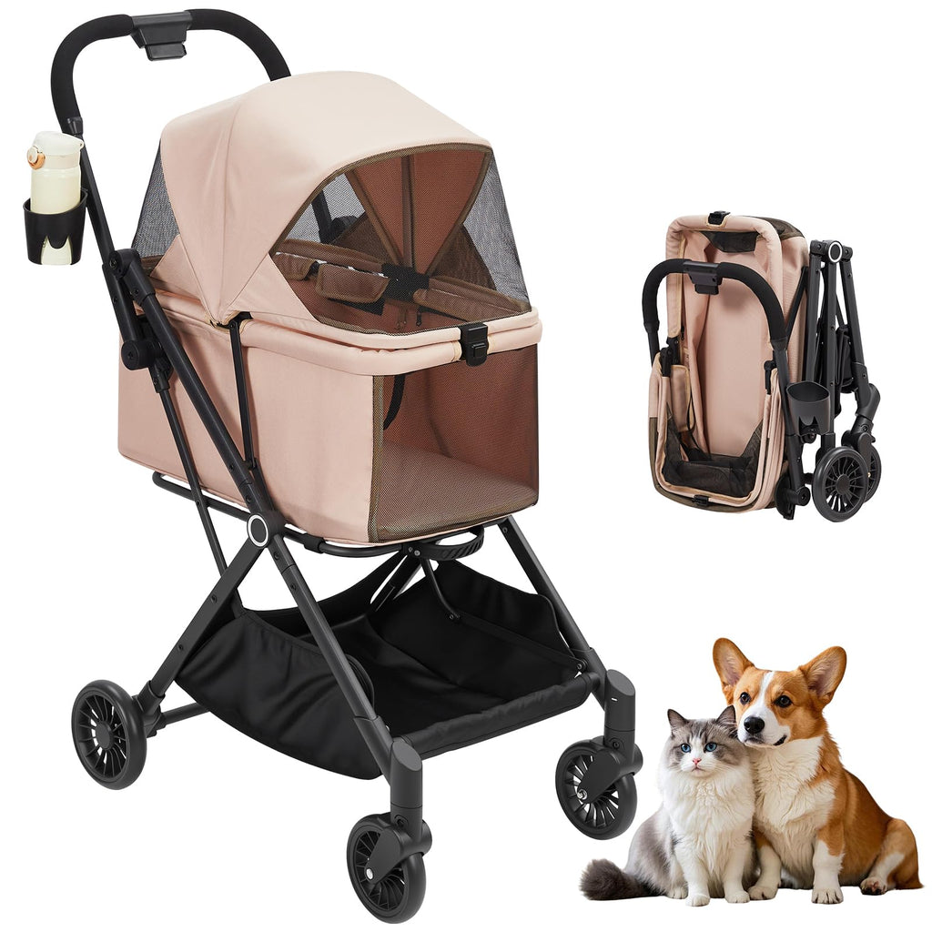 Garvee Foldable 4-Wheel Pet Stroller for Dogs & Cats -Dog Stroller, Lightweight Travel Carrier for Small to Medium Pets Up to 50 LBS, 360° Swivel Front Wheels, Foot Brake, Breathable Mes