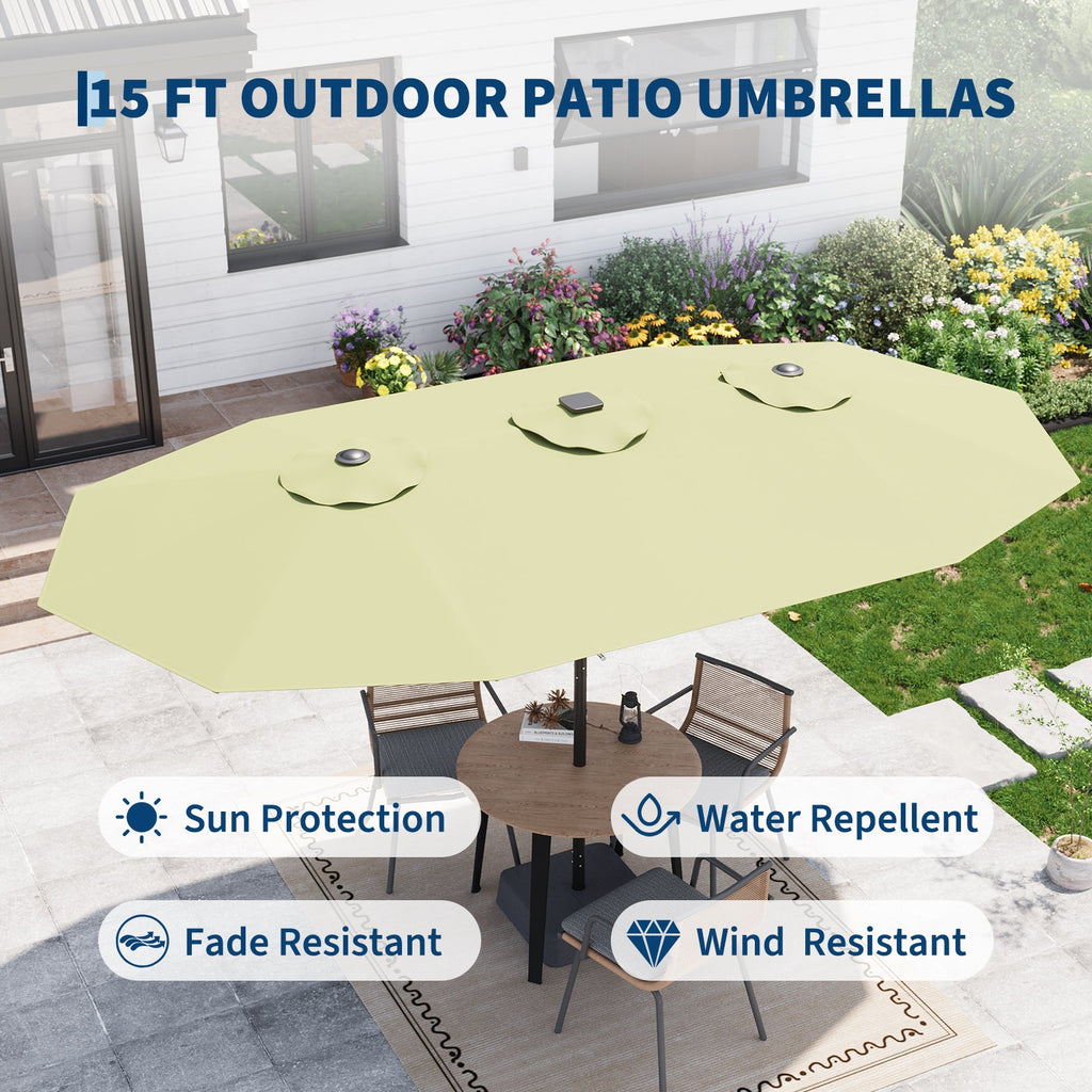 Garvee 15' Rectangular Patio Umbrella with Solar LED Lights & Base, Crank Handle UV-Resistant Outdoor Market Umbrella for Backyard, Pool & Patio, Green