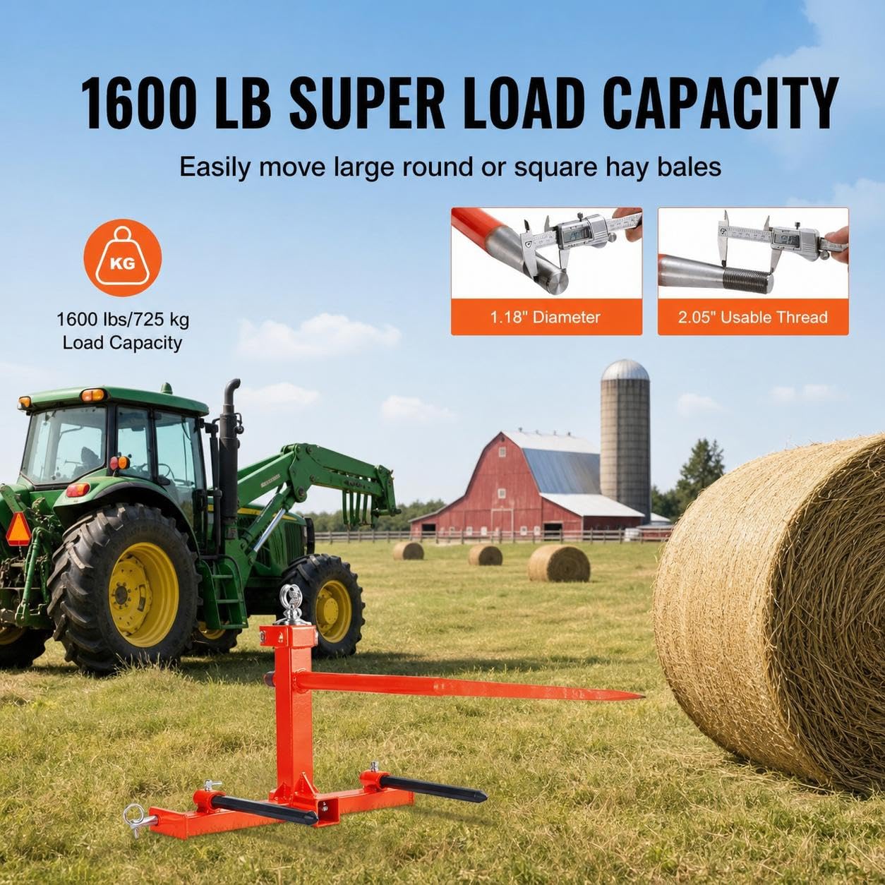 Garvee Heavy Duty 49" Hay Spear Tractor Attachment, 1600lbs Capacity 3-Point Hitch Attachment with Stabilizer Spears, Red